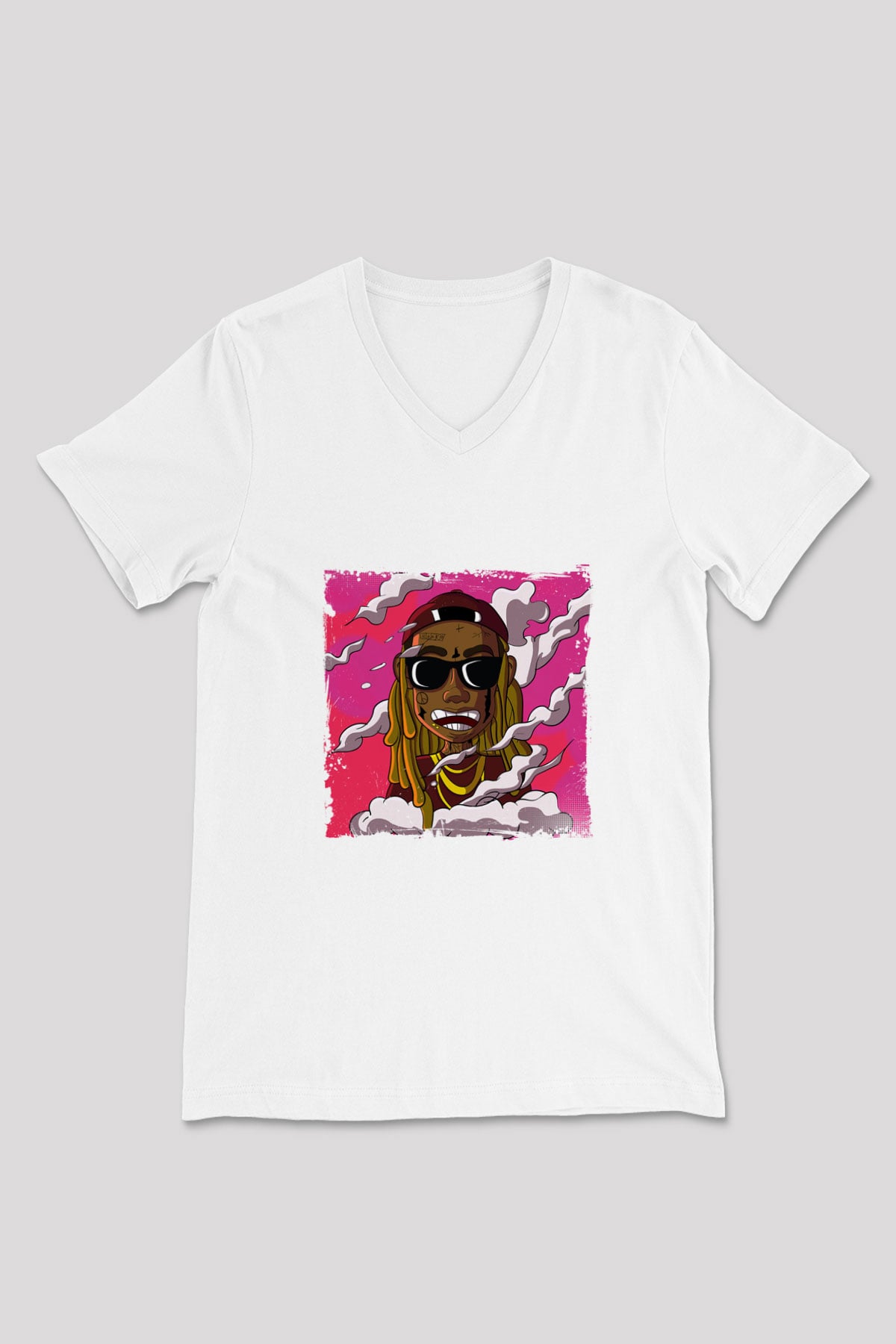 Lil Wayne Baskılı Beyaz V Yaka Unisex Tişört