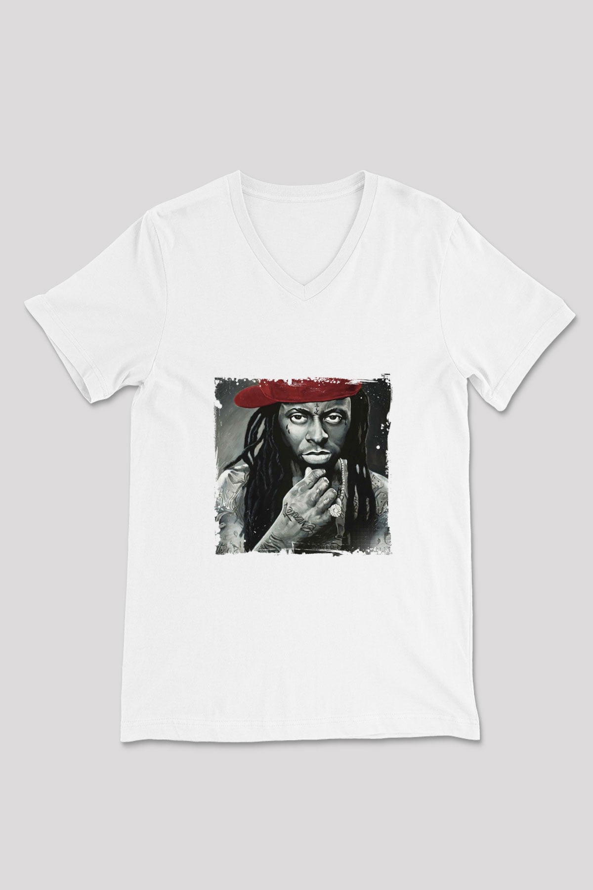 Lil Wayne Baskılı Beyaz V Yaka Unisex Tişört