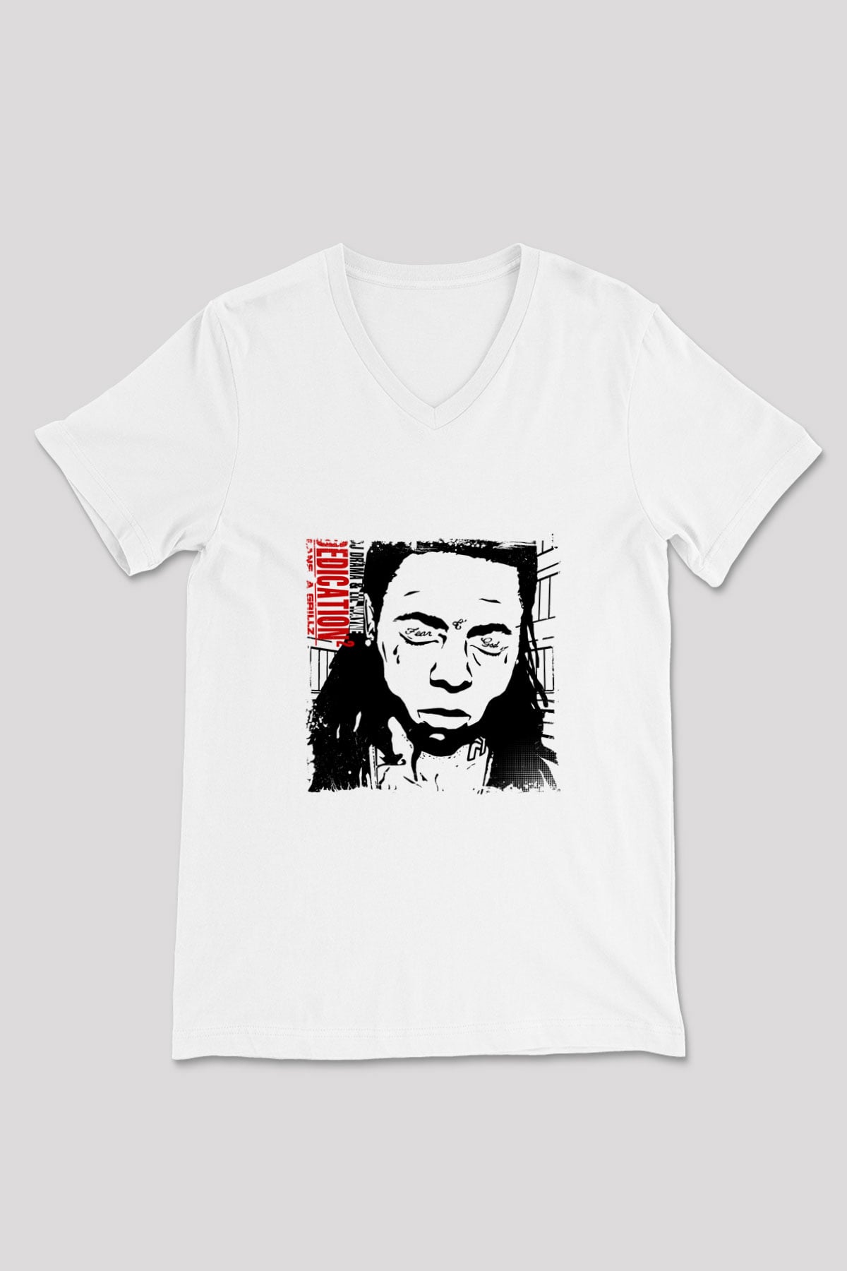 Lil Wayne Baskılı Beyaz V Yaka Unisex Tişört