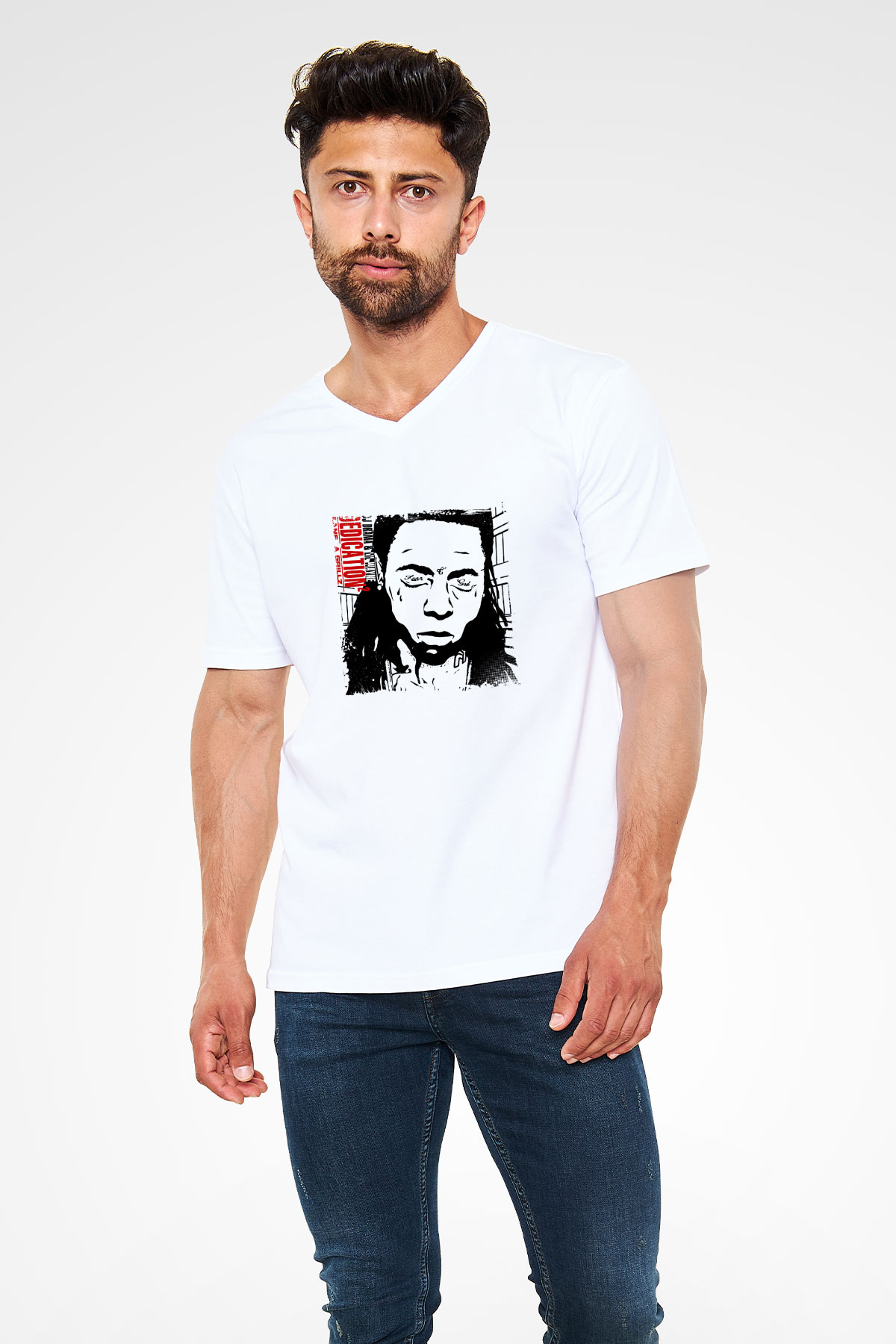 Lil Wayne Baskılı Beyaz V Yaka Unisex Tişört