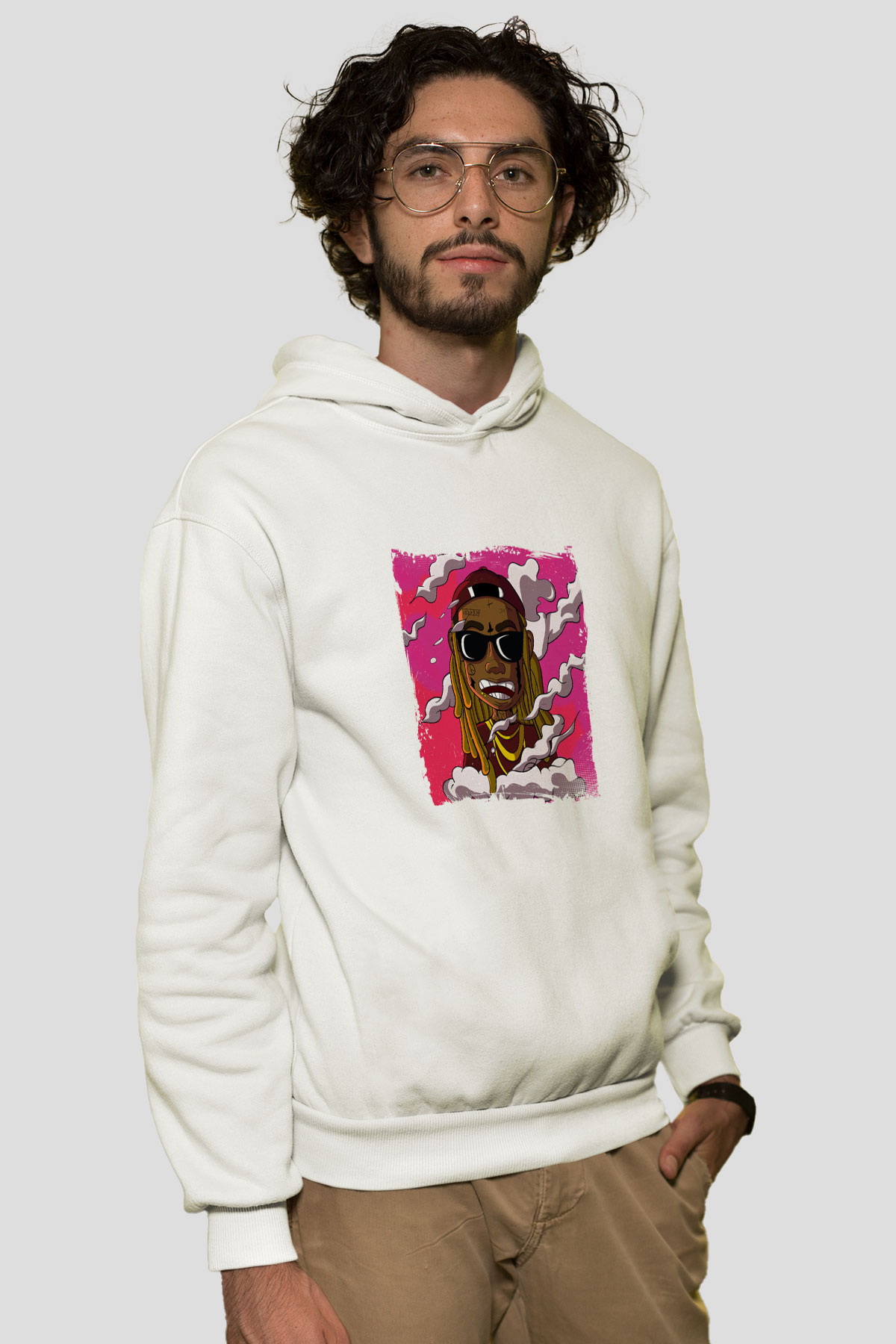 Lil Wayne Baskılı Unisex Beyaz Kapüşonlu Sweatshirt