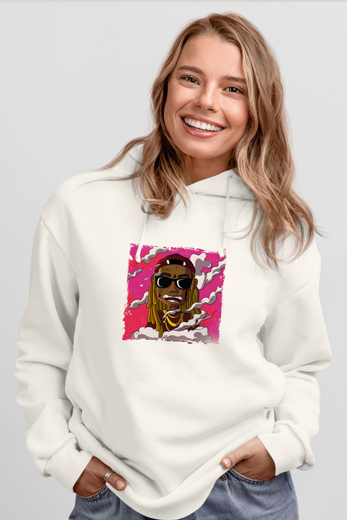Lil Wayne Baskılı Unisex Beyaz Kapüşonlu Sweatshirt