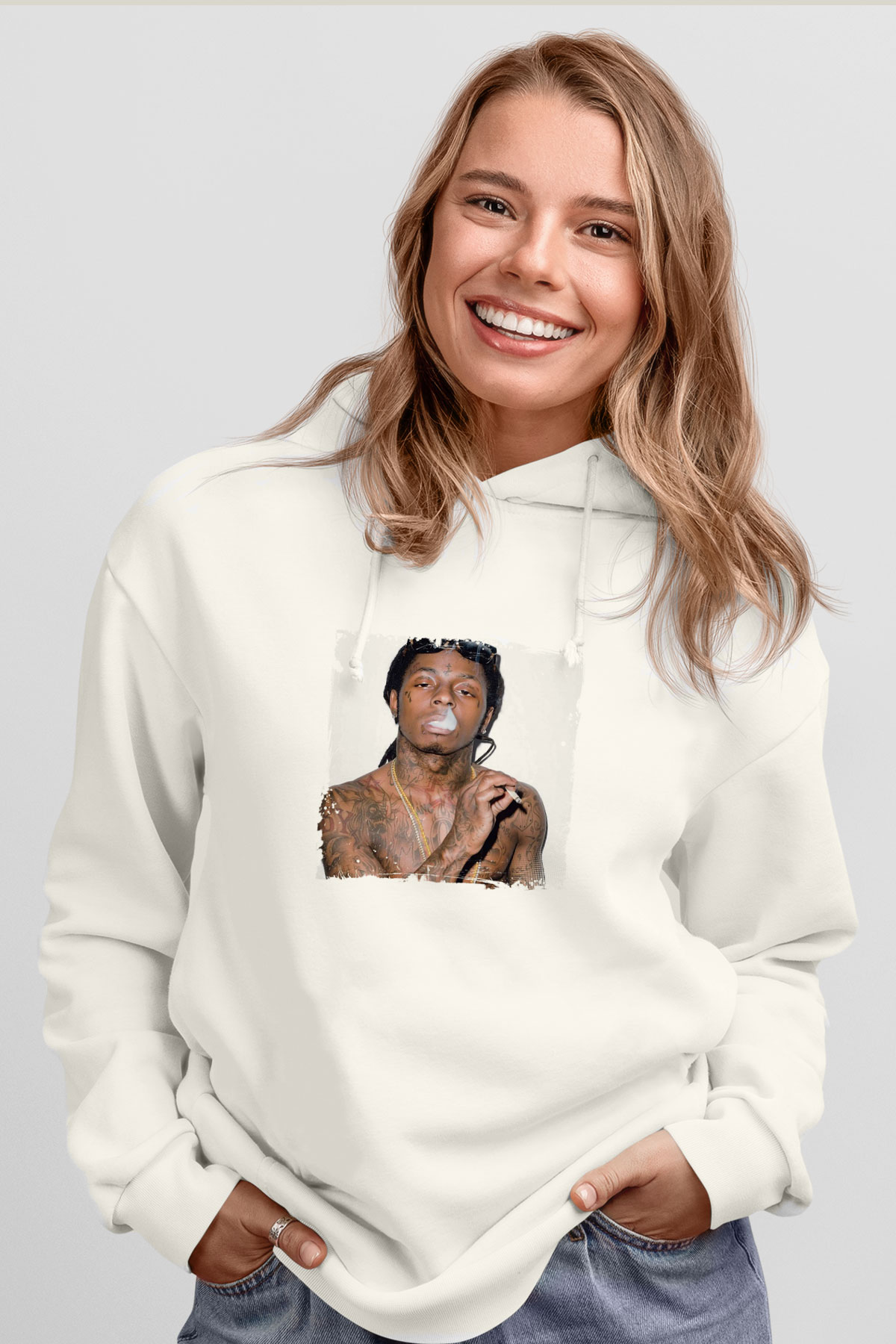 Lil Wayne Baskılı Unisex Beyaz Kapüşonlu Sweatshirt