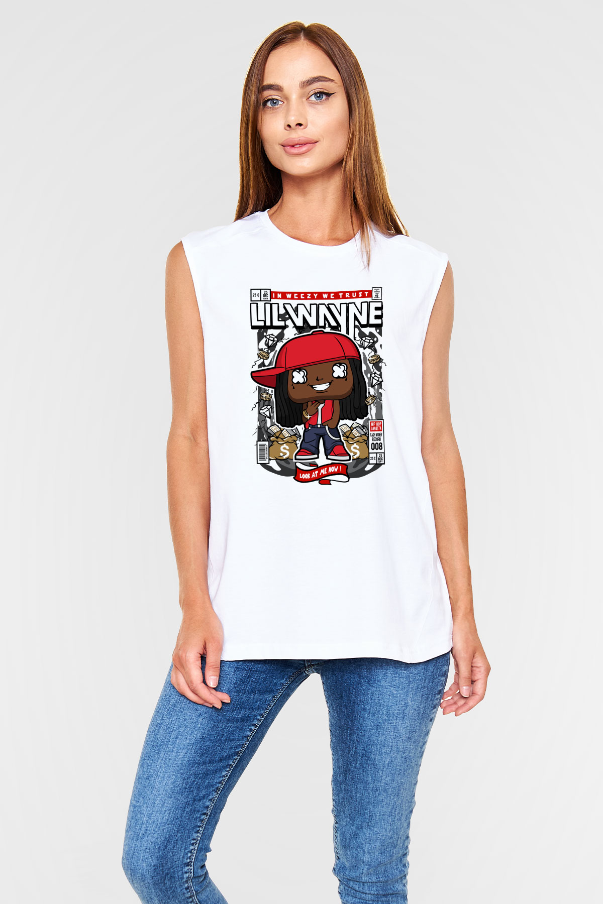 Lil Wayne Baskılı Unisex Beyaz Kolsuz Tişört
