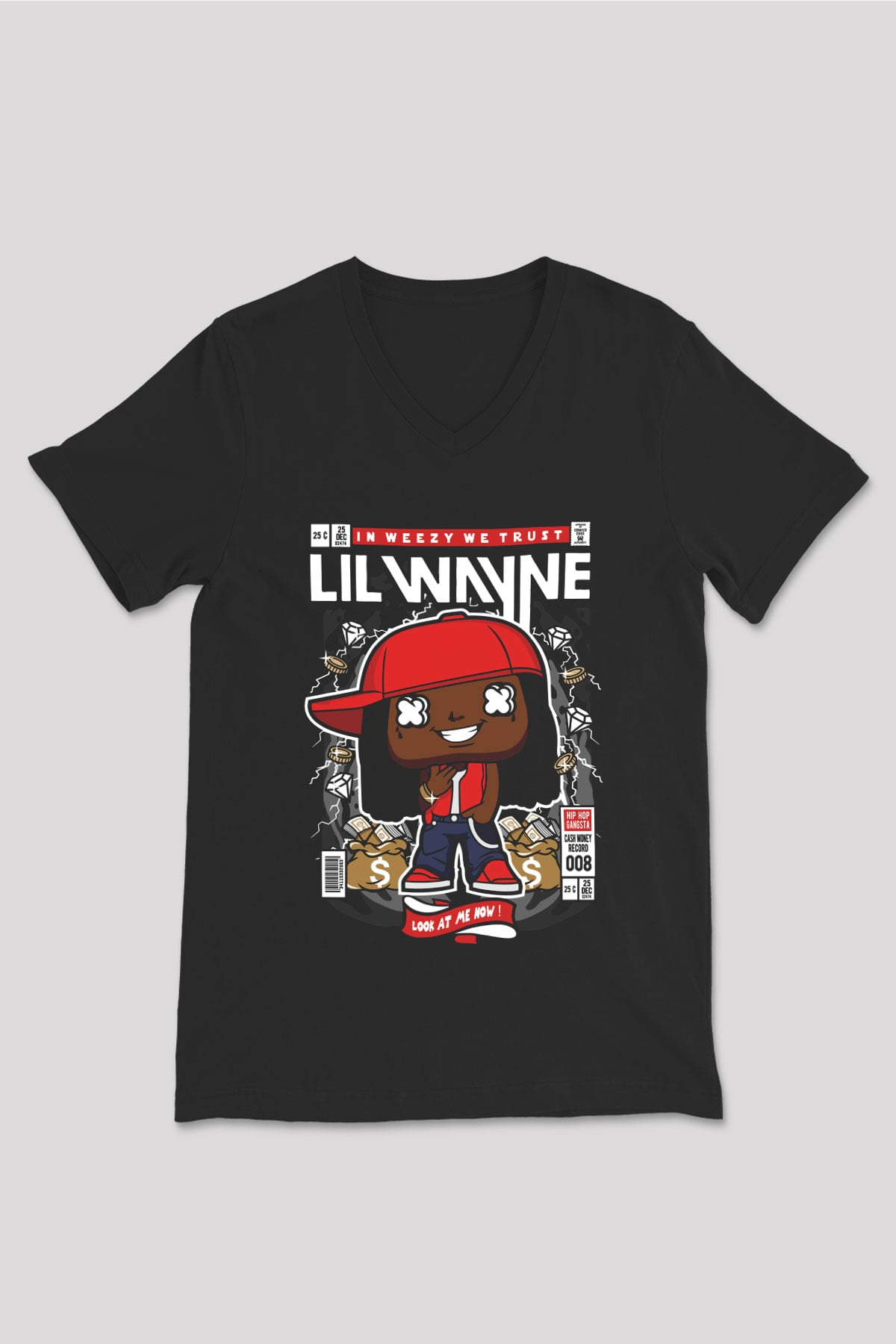 Lil Wayne Baskılı Unisex Siyah V Yaka Tişört