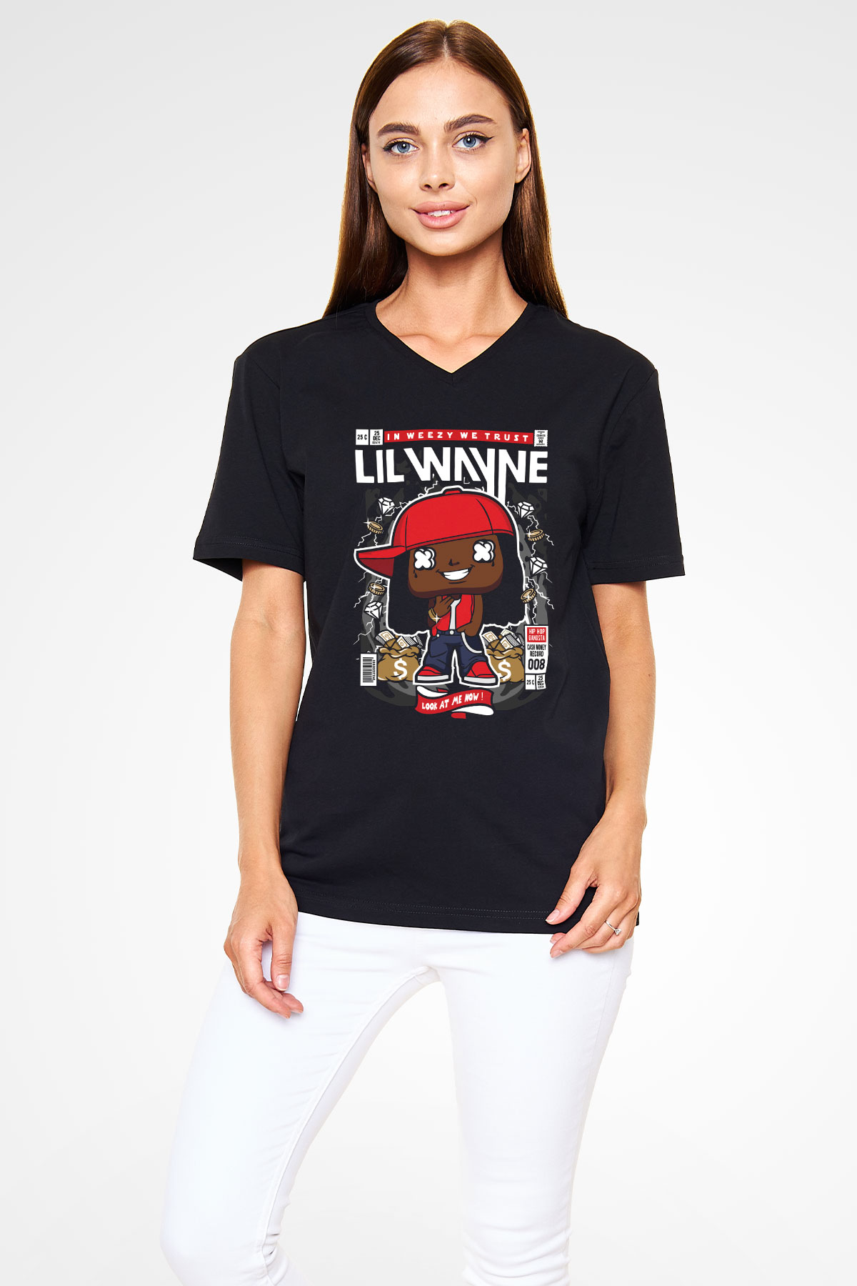 Lil Wayne Baskılı Unisex Siyah V Yaka Tişört