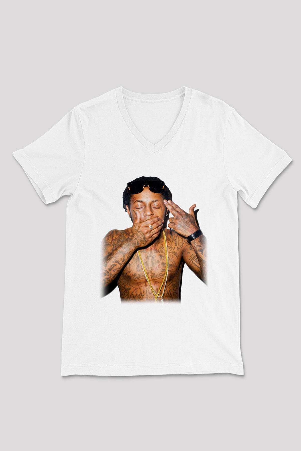 Lil Wayne Beyaz Unisex V Yaka Tişört T-Shirt