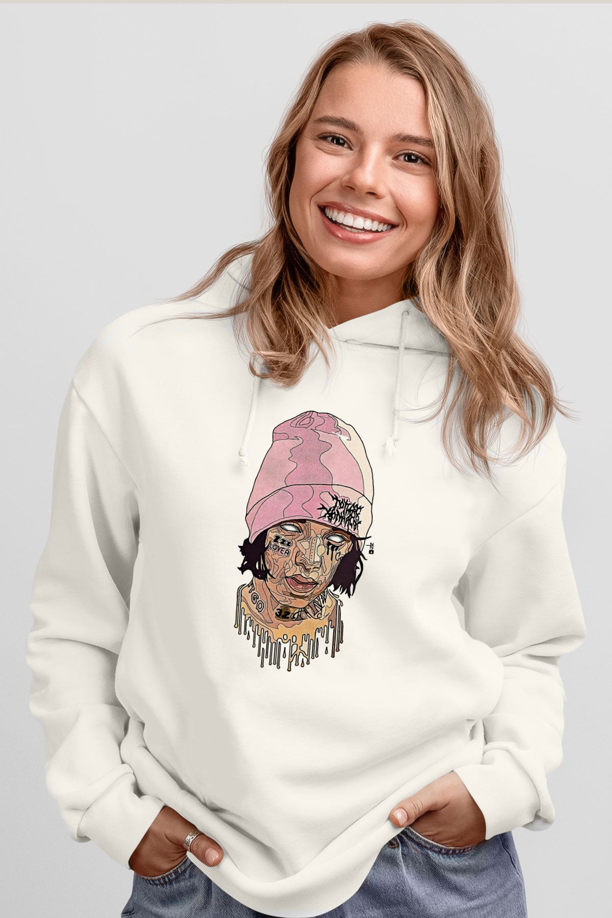 Lil Xan Baskılı Beyaz Unisex Kapüşonlu Sweatshirt