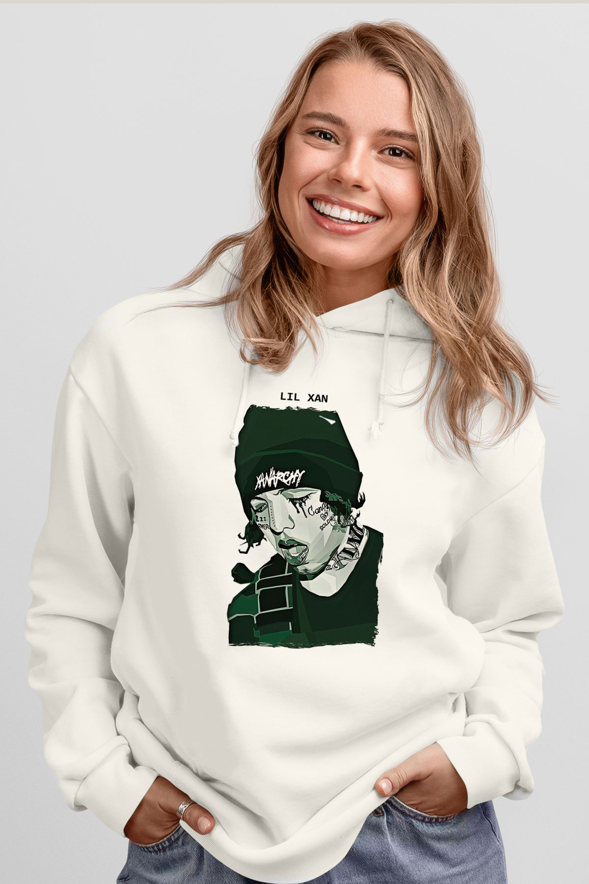 Lil Xan Baskılı Beyaz Unisex Kapüşonlu Sweatshirt