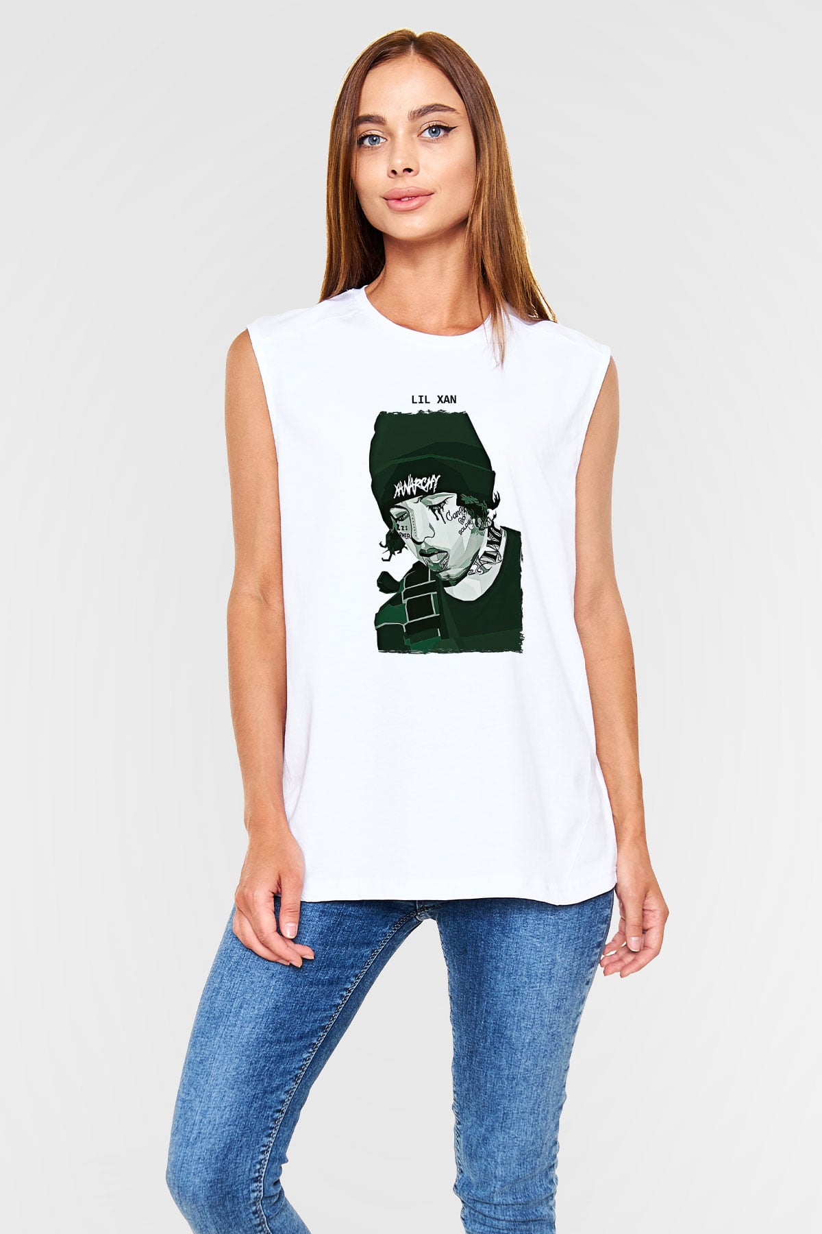 Lil Xan Baskılı Beyaz Unisex Kolsuz Tişört - Tshirt