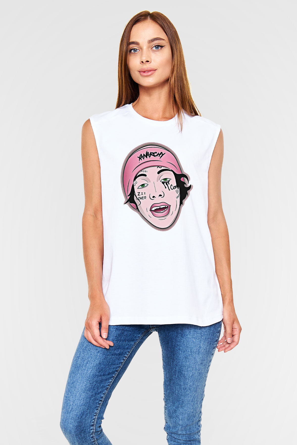 Lil Xan Baskılı Beyaz Unisex Kolsuz Tişört - Tshirt
