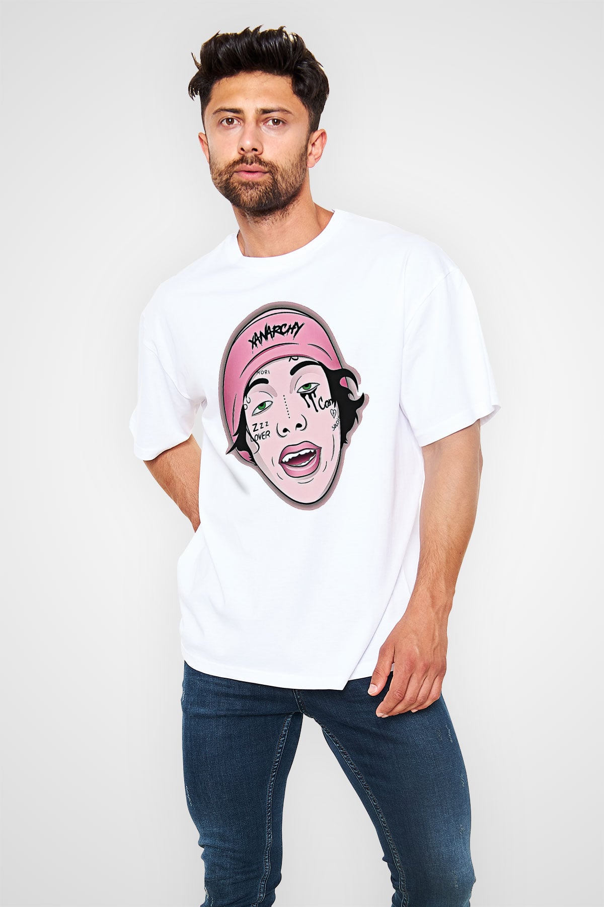 Lil Xan Baskılı Beyaz Unisex Oversize Tişört - Tshirt