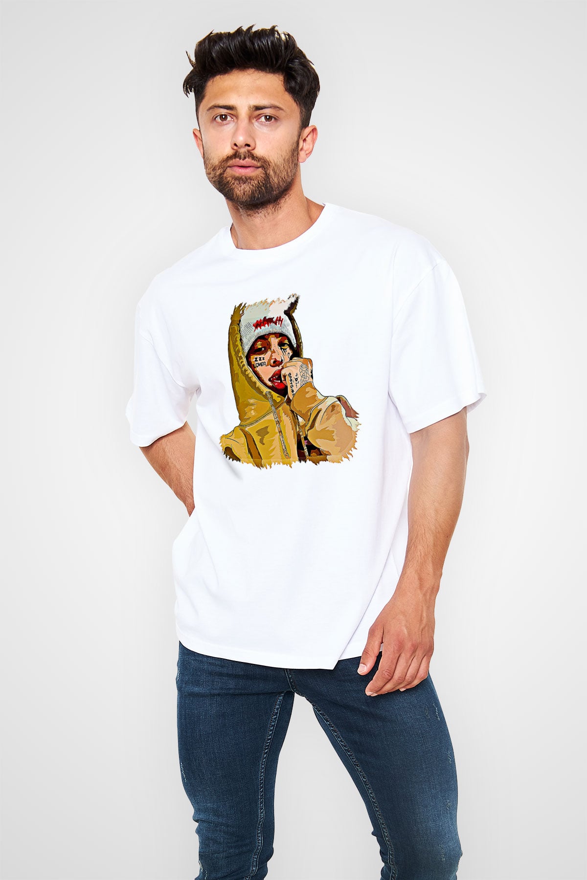 Lil Xan Baskılı Beyaz Unisex Oversize Tişört - Tshirt