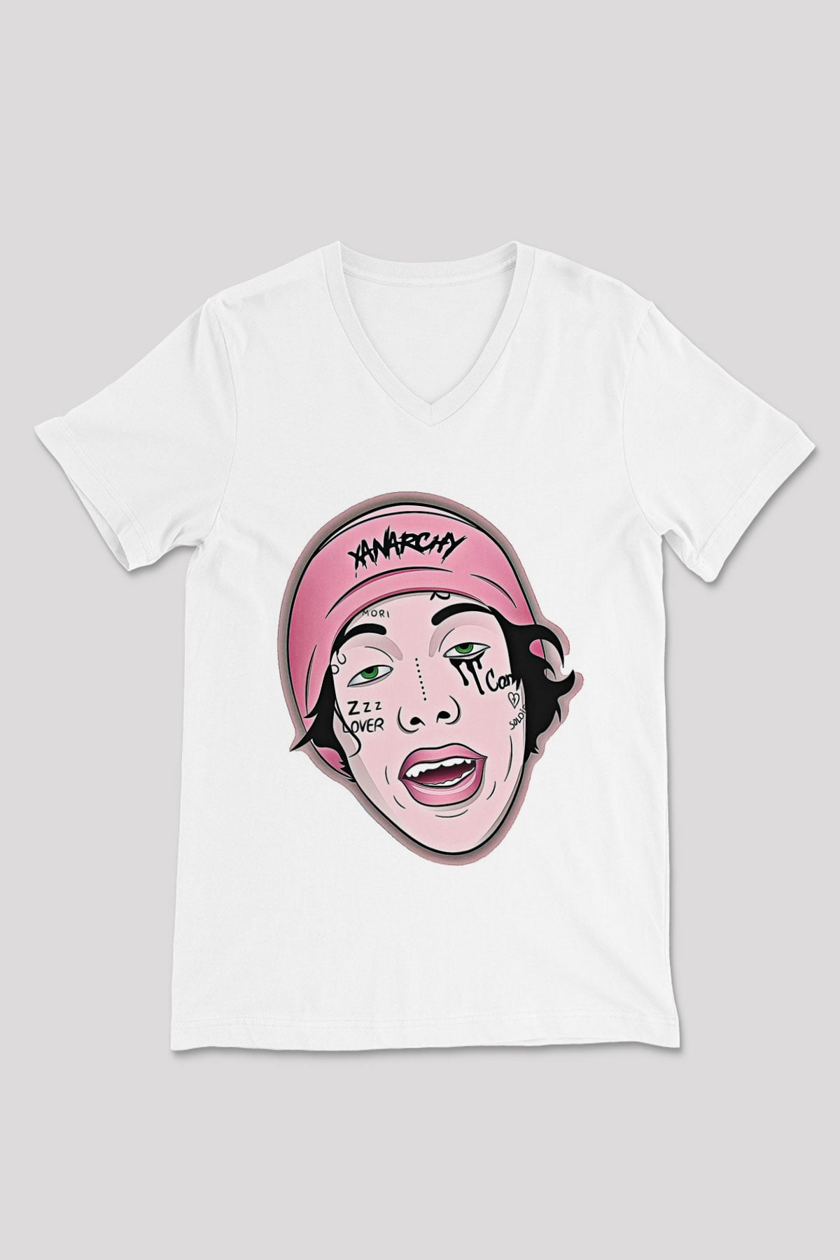 Lil Xan Baskılı Beyaz Unisex V Yaka Tişört - Tshirt