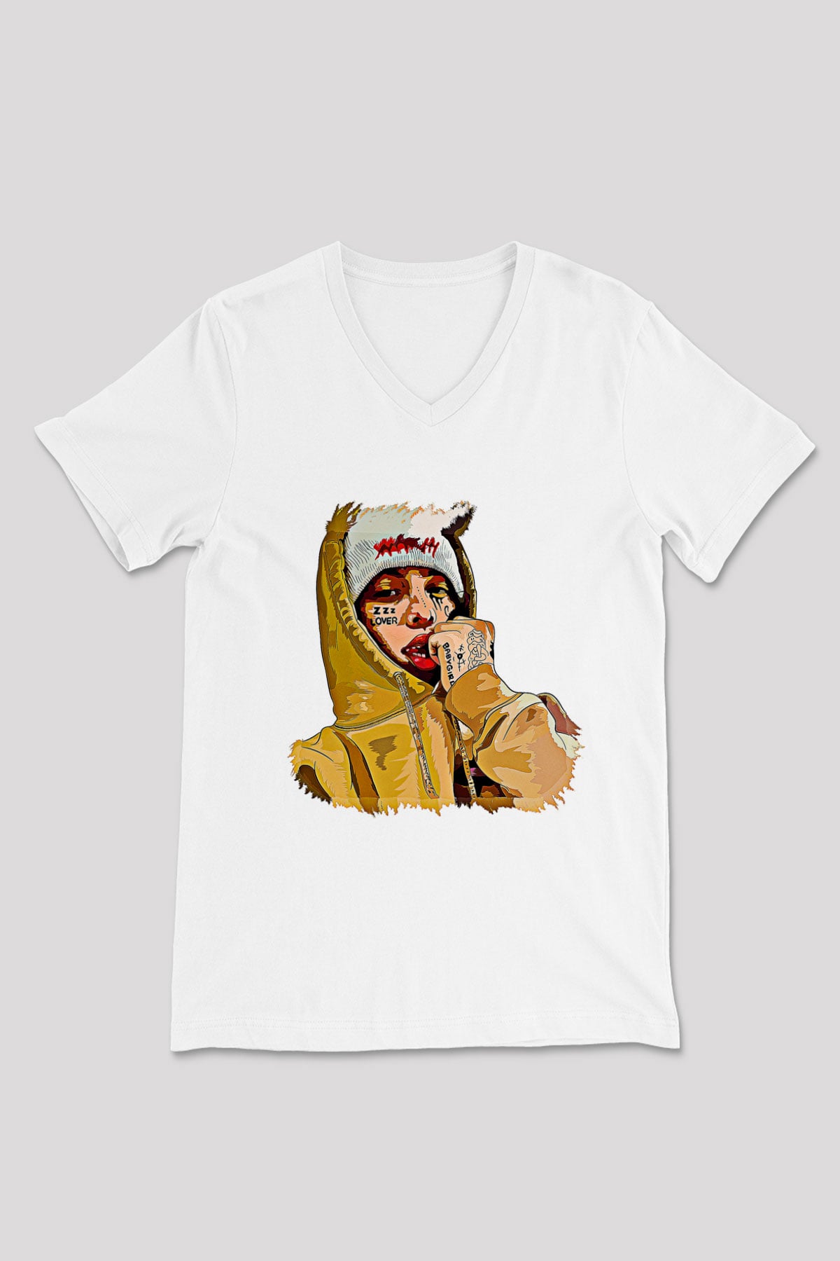 Lil Xan Baskılı Beyaz Unisex V Yaka Tişört - Tshirt