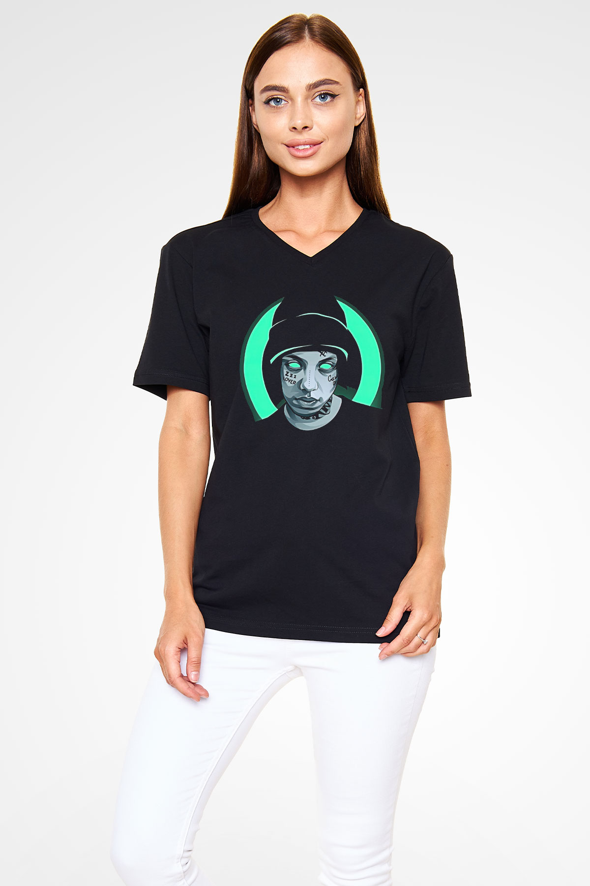 Lil Xan Baskılı Unisex Siyah V Yaka Tişört - Tshirt