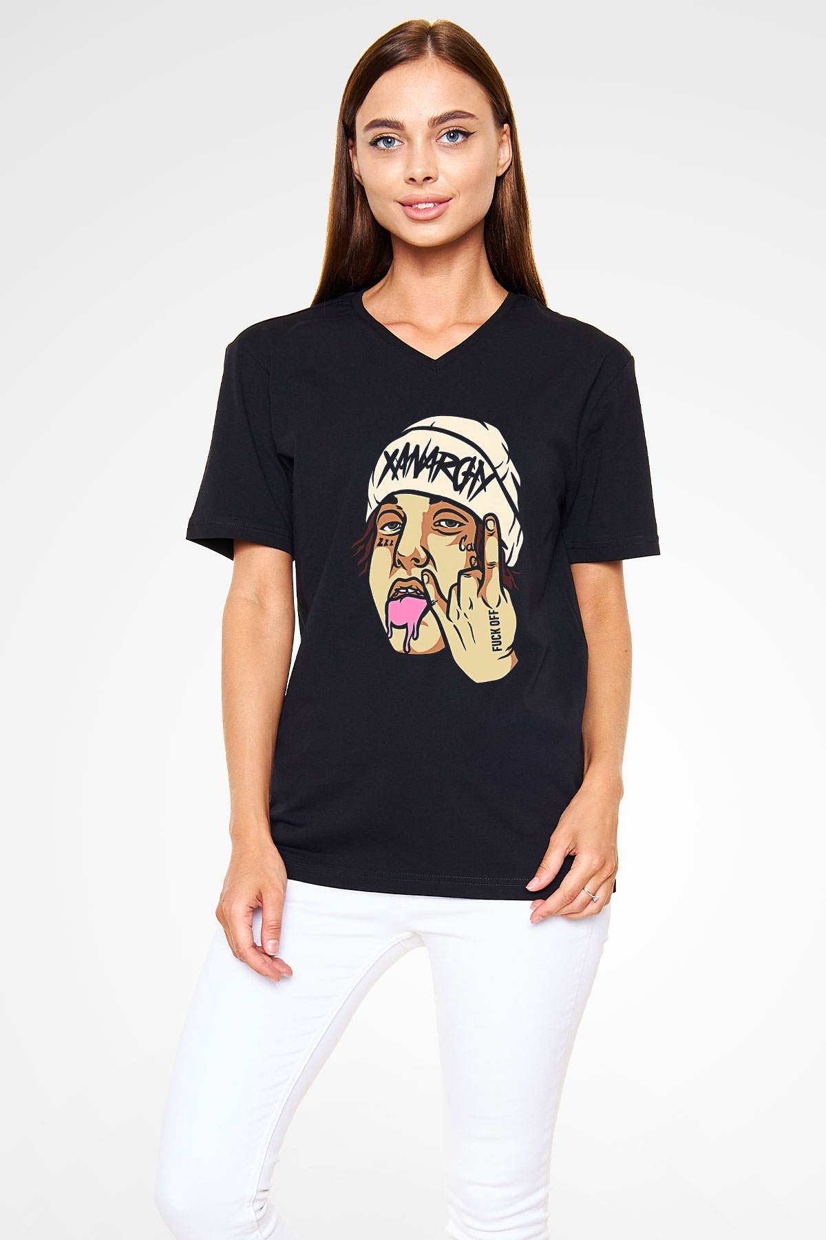 Lil Xan Baskılı Unisex Siyah V Yaka Tişört - Tshirt