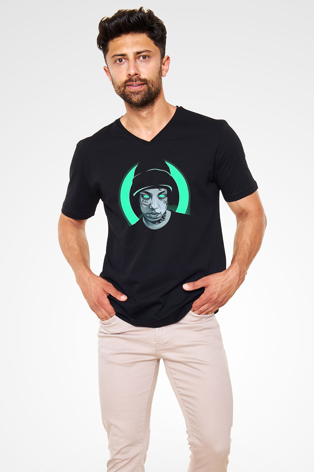 Lil Xan Baskılı Unisex Siyah V Yaka Tişört - Tshirt