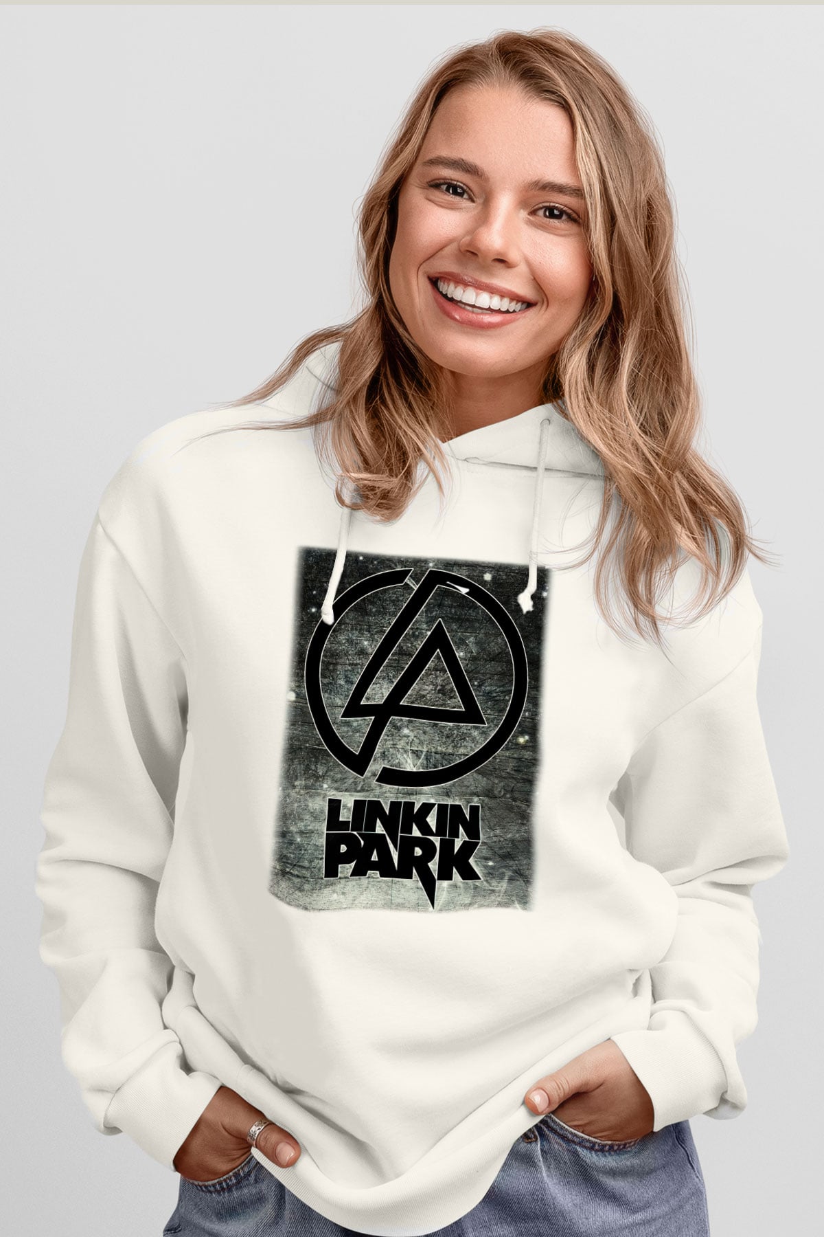 Linkin Park Beyaz Unisex Kapşonlu Sweatshirt