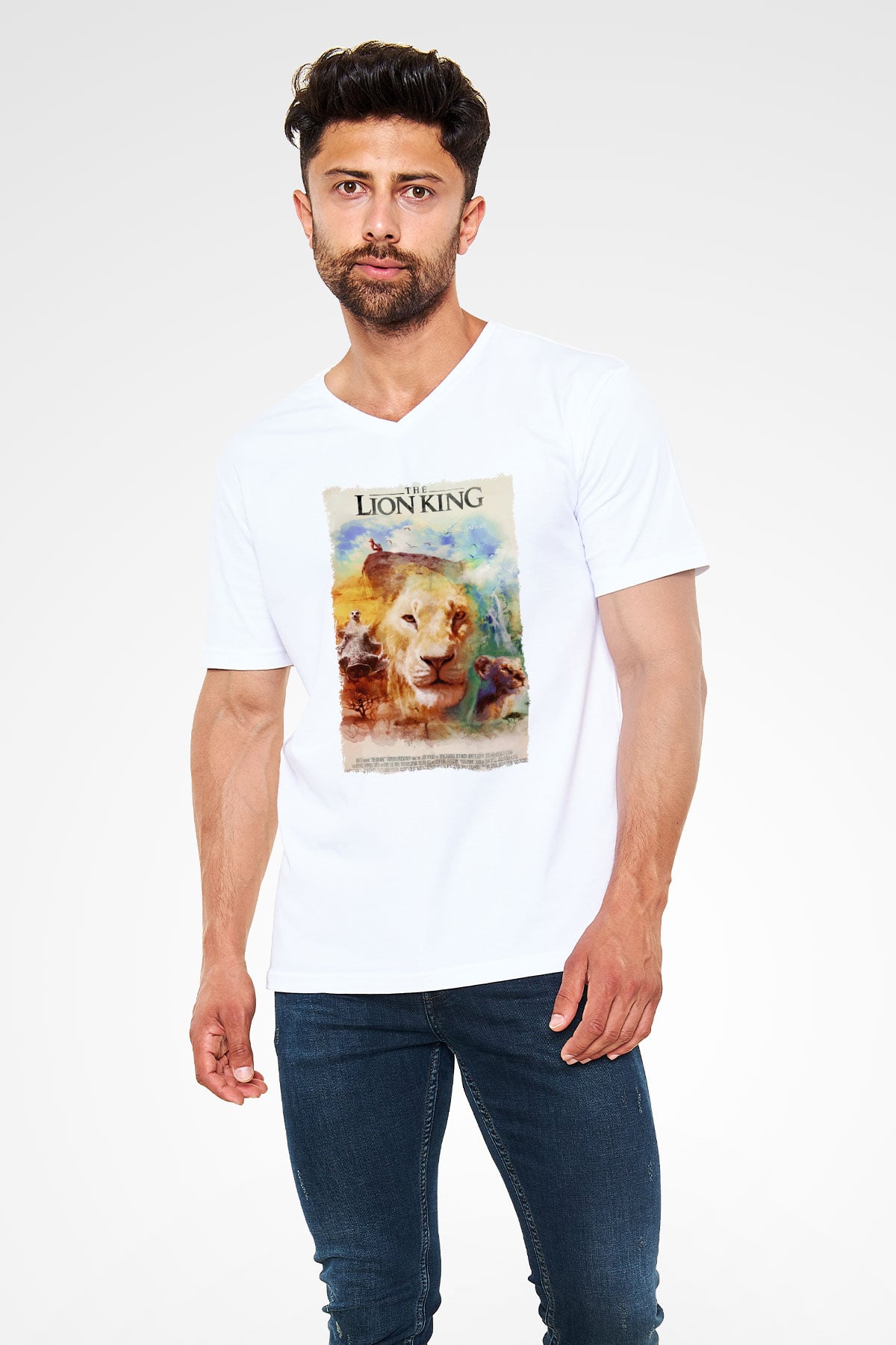 Lion King Beyaz Unisex V Yaka Tişört