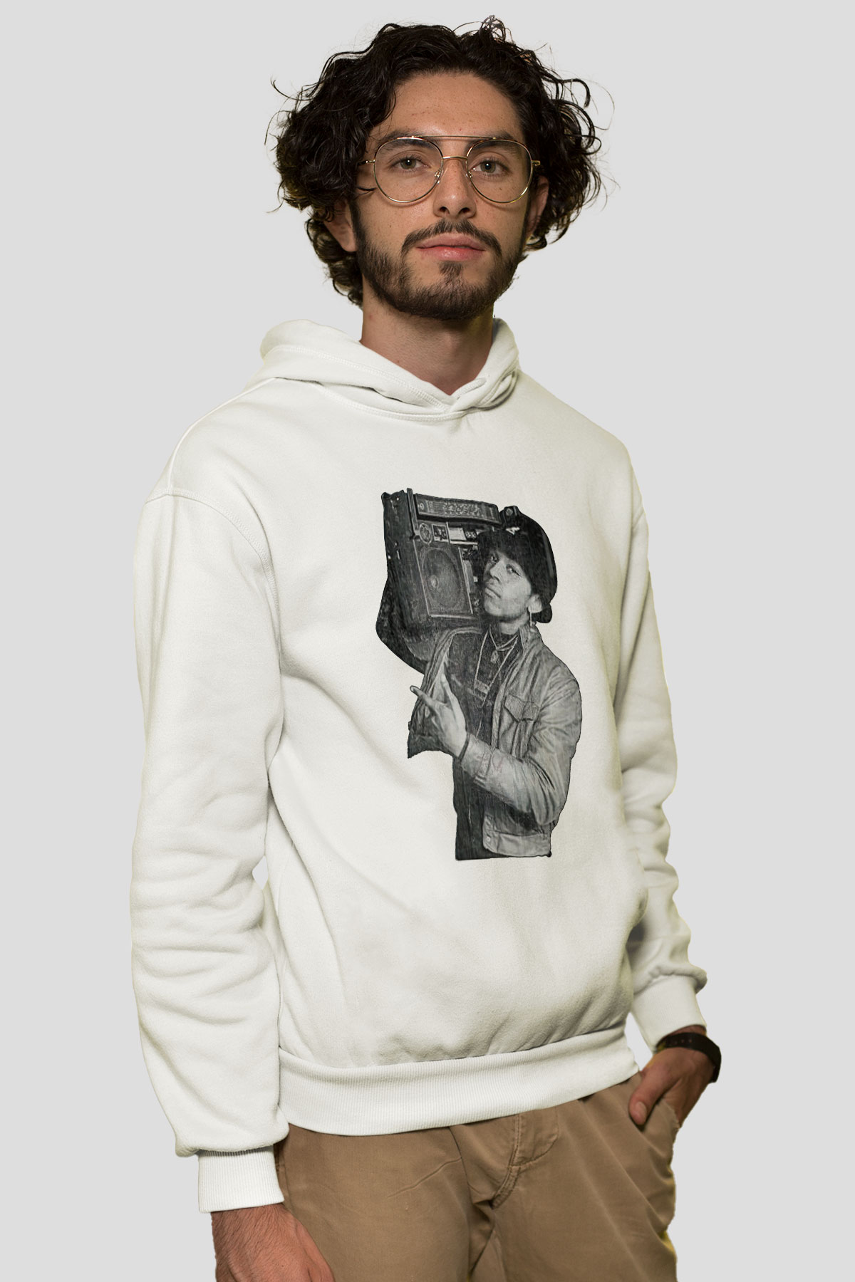 LL Cool J Baskılı Beyaz Unisex Kapüşonlu Sweatshirt