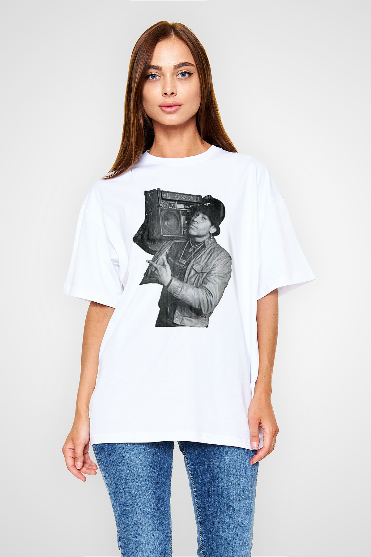 LL Cool J Baskılı Beyaz Unisex Oversize Tişört - Tshirt
