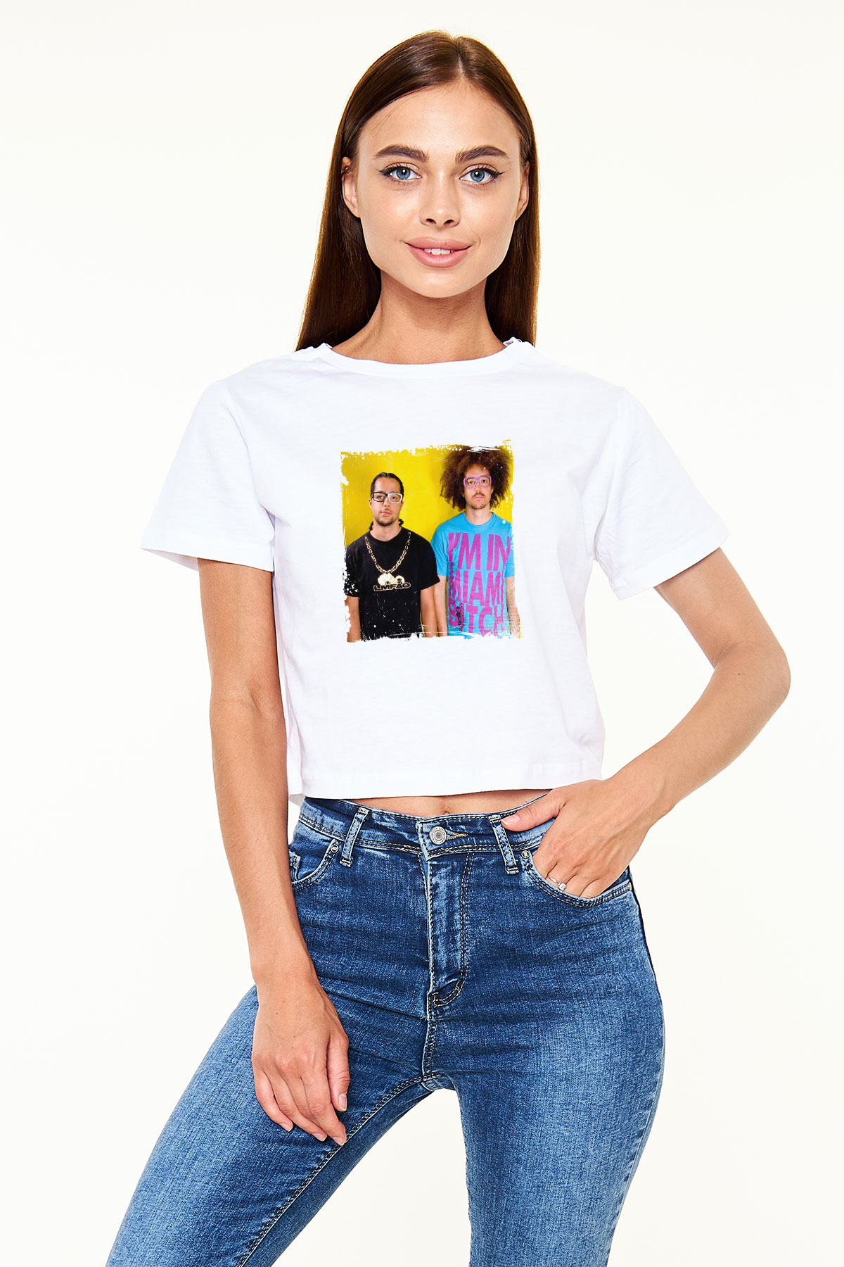 LMFAO Baskılı Beyaz Kadın Crop Top Tişört