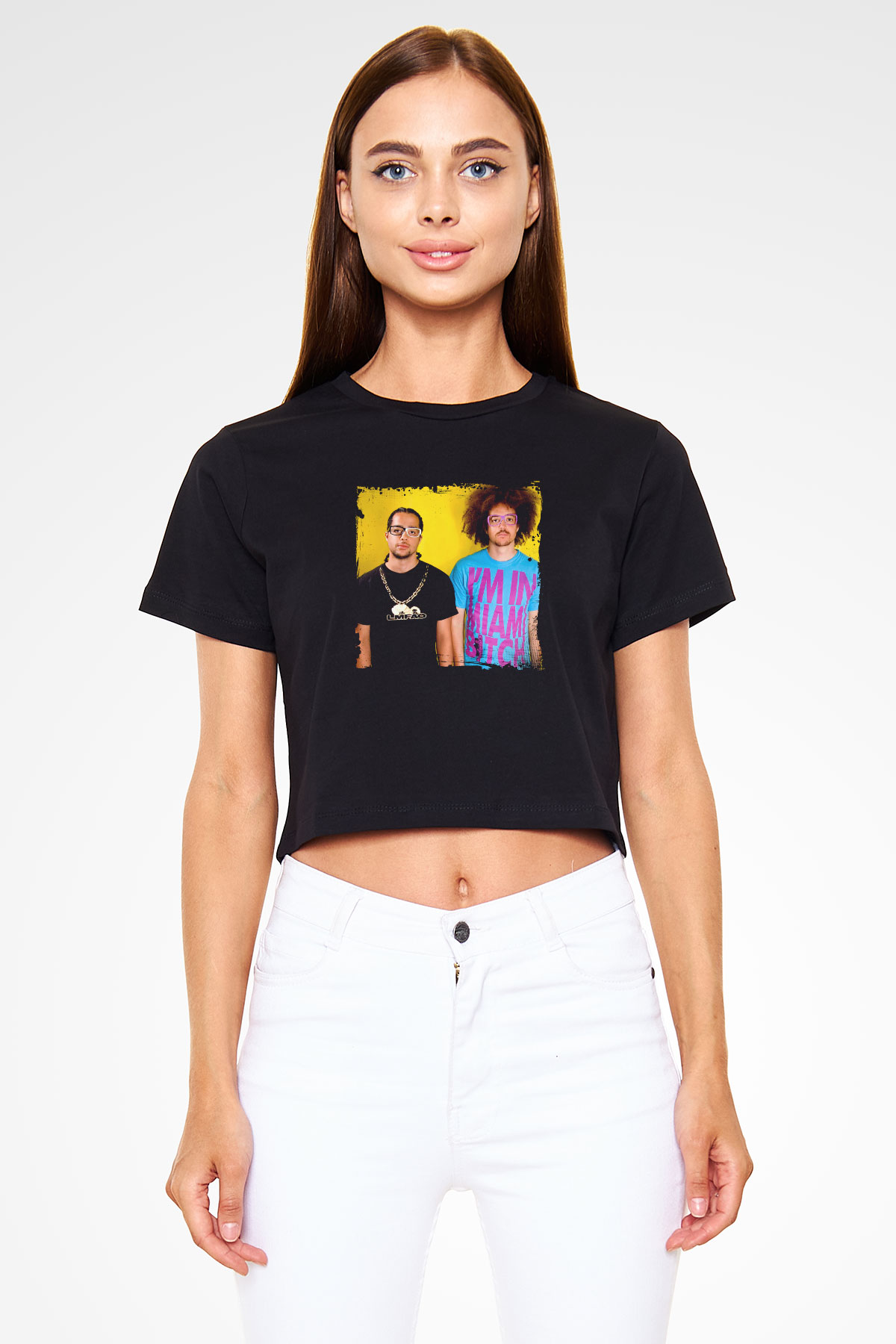 LMFAO Baskılı Crop Top Siyah Kadın Tişört