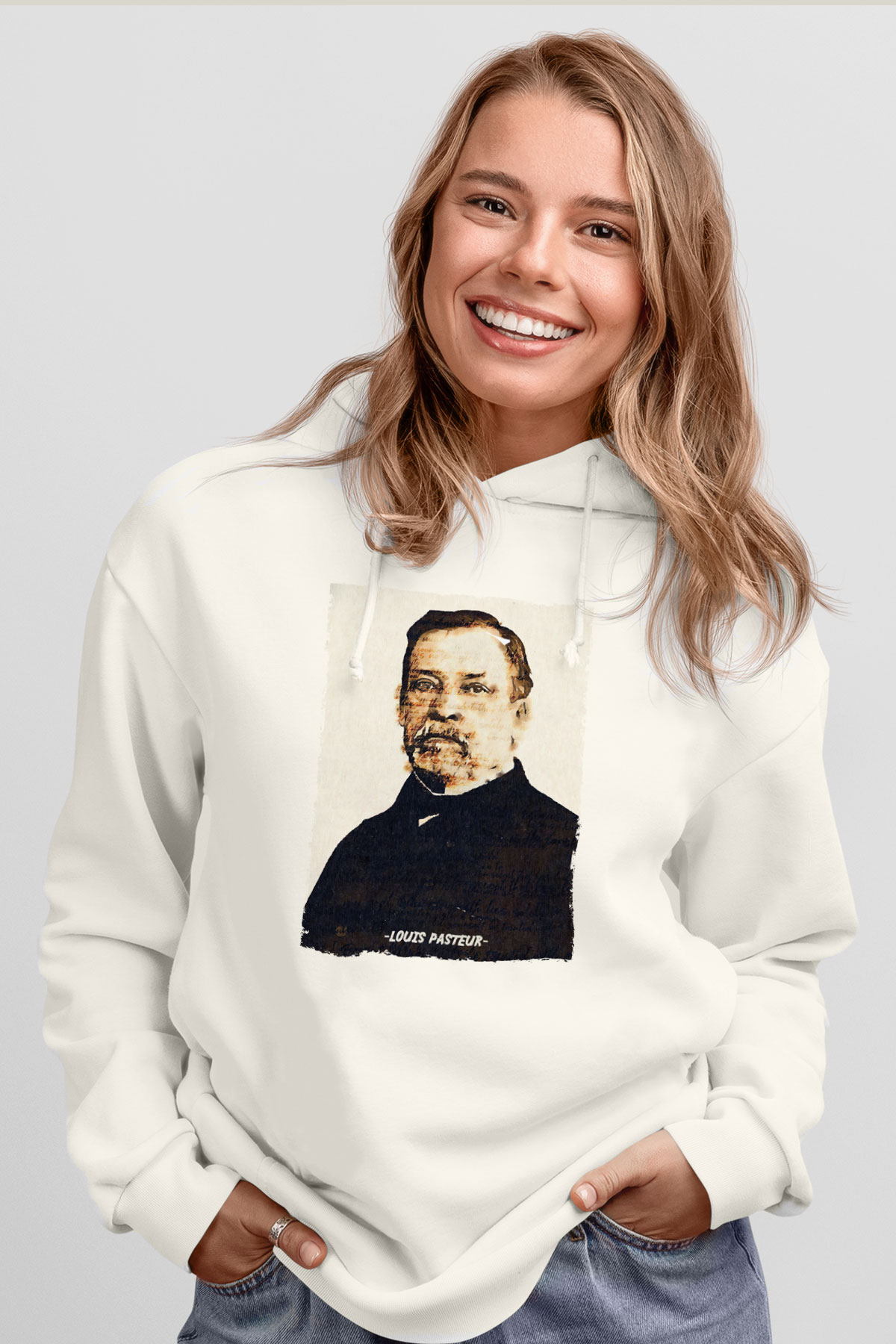 Louis Pasteur Baskılı Unisex Ekru Hoodie