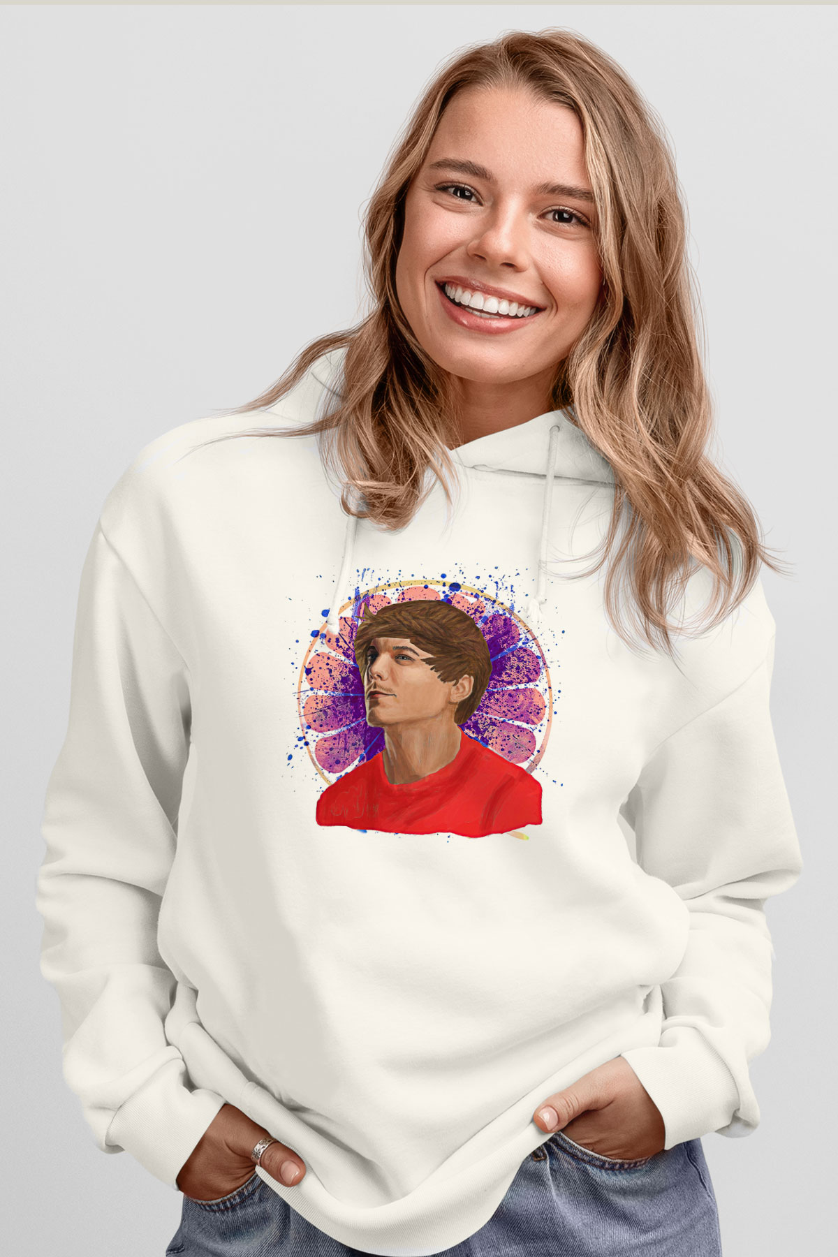 Louis Tomlinson Baskılı Beyaz Unisex Kapüşonlu Sweatshirt