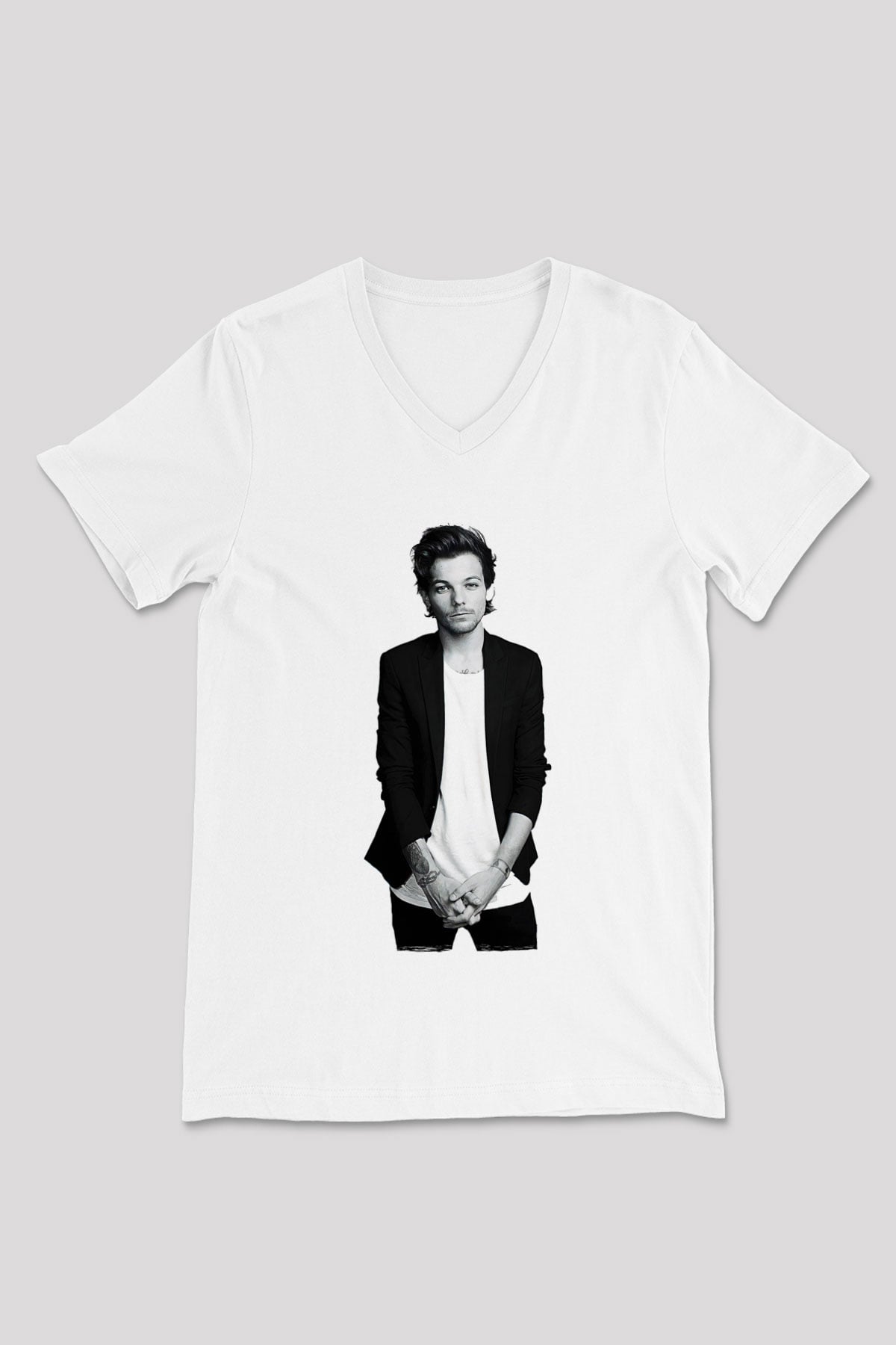 Louis Tomlinson Baskılı Beyaz Unisex V Yaka Tişört - Tshirt