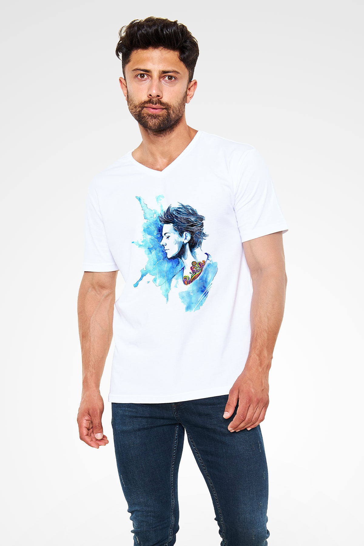 Louis Tomlinson Baskılı Beyaz Unisex V Yaka Tişört - Tshirt