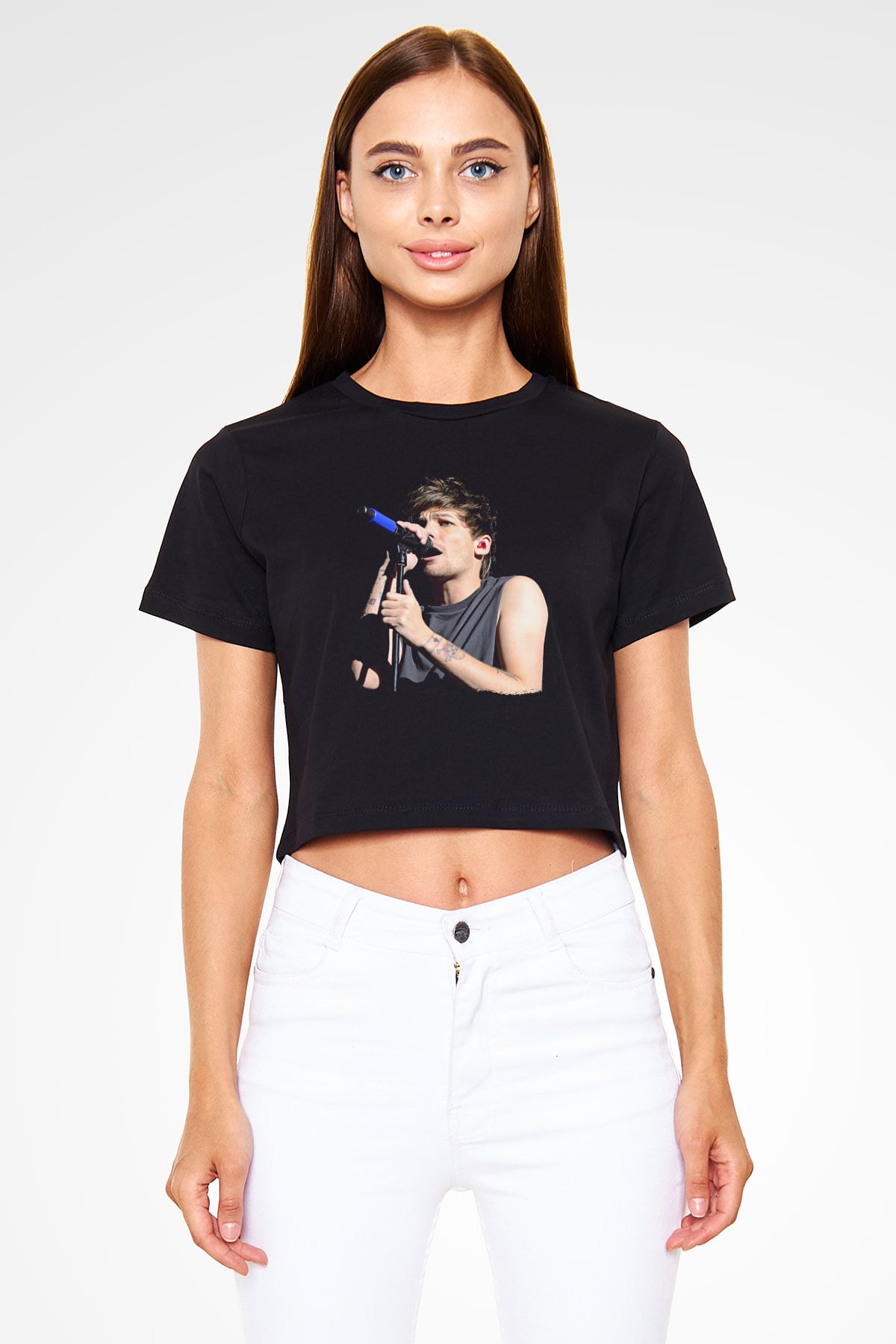 Louis Tomlinson Baskılı Siyah Crop Top Kadın Tişört - Tshirt