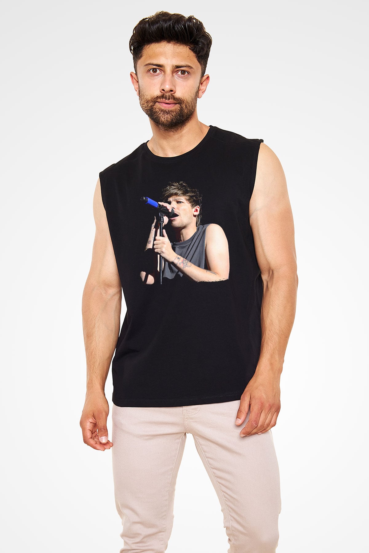 Louis Tomlinson Baskılı Unisex Siyah Kolsuz Tişört - Tshirt