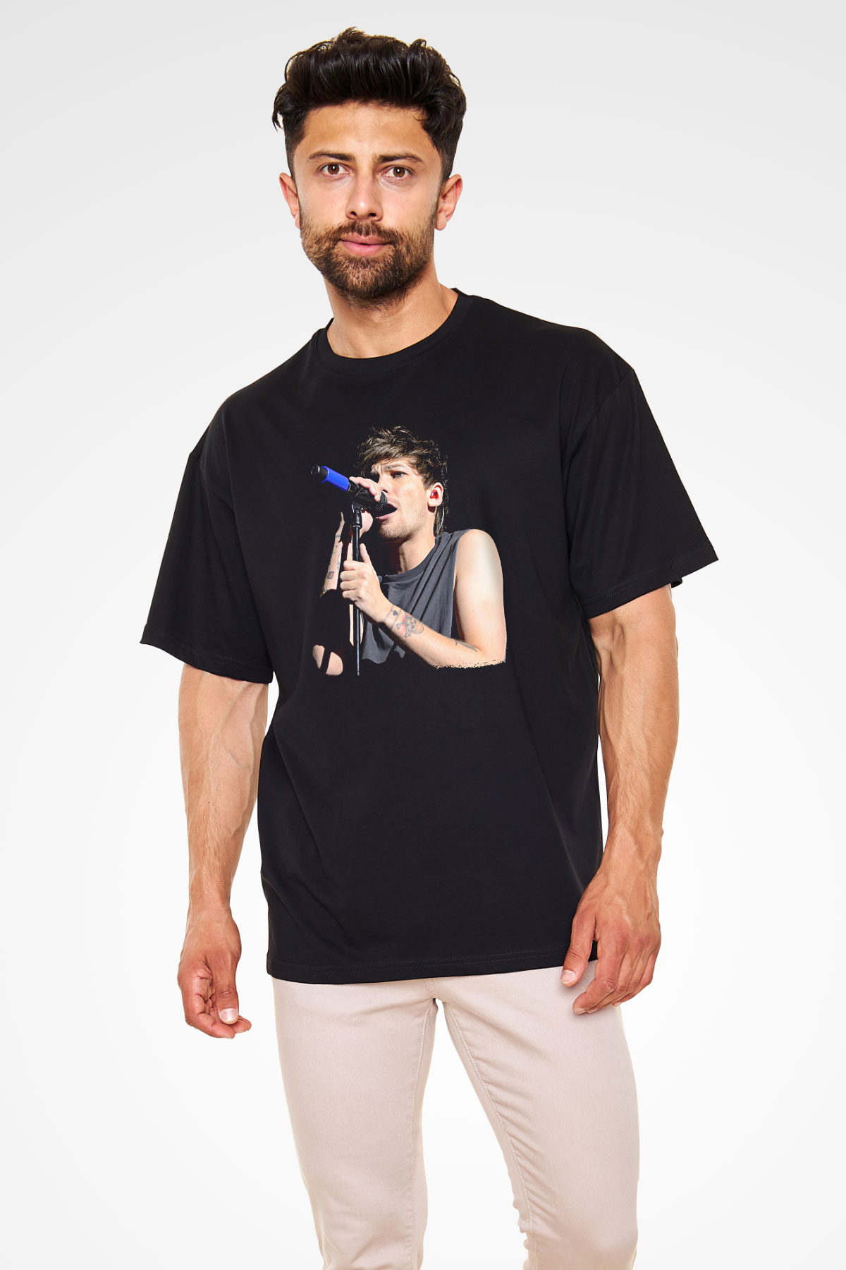 Louis Tomlinson Baskılı Unisex Siyah Oversize Tişört - Tshirt