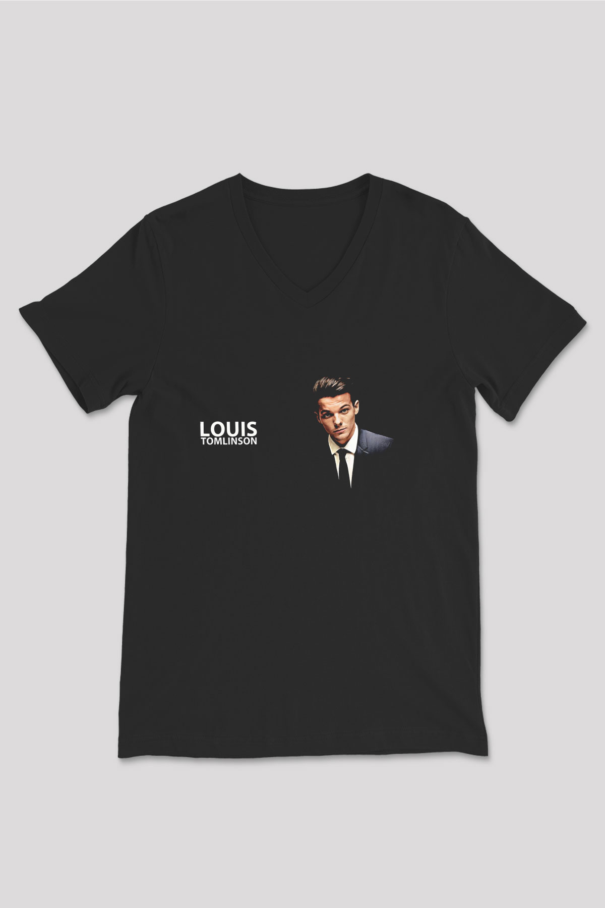 Louis Tomlinson Baskılı Unisex Siyah V Yaka Tişört - Tshirt