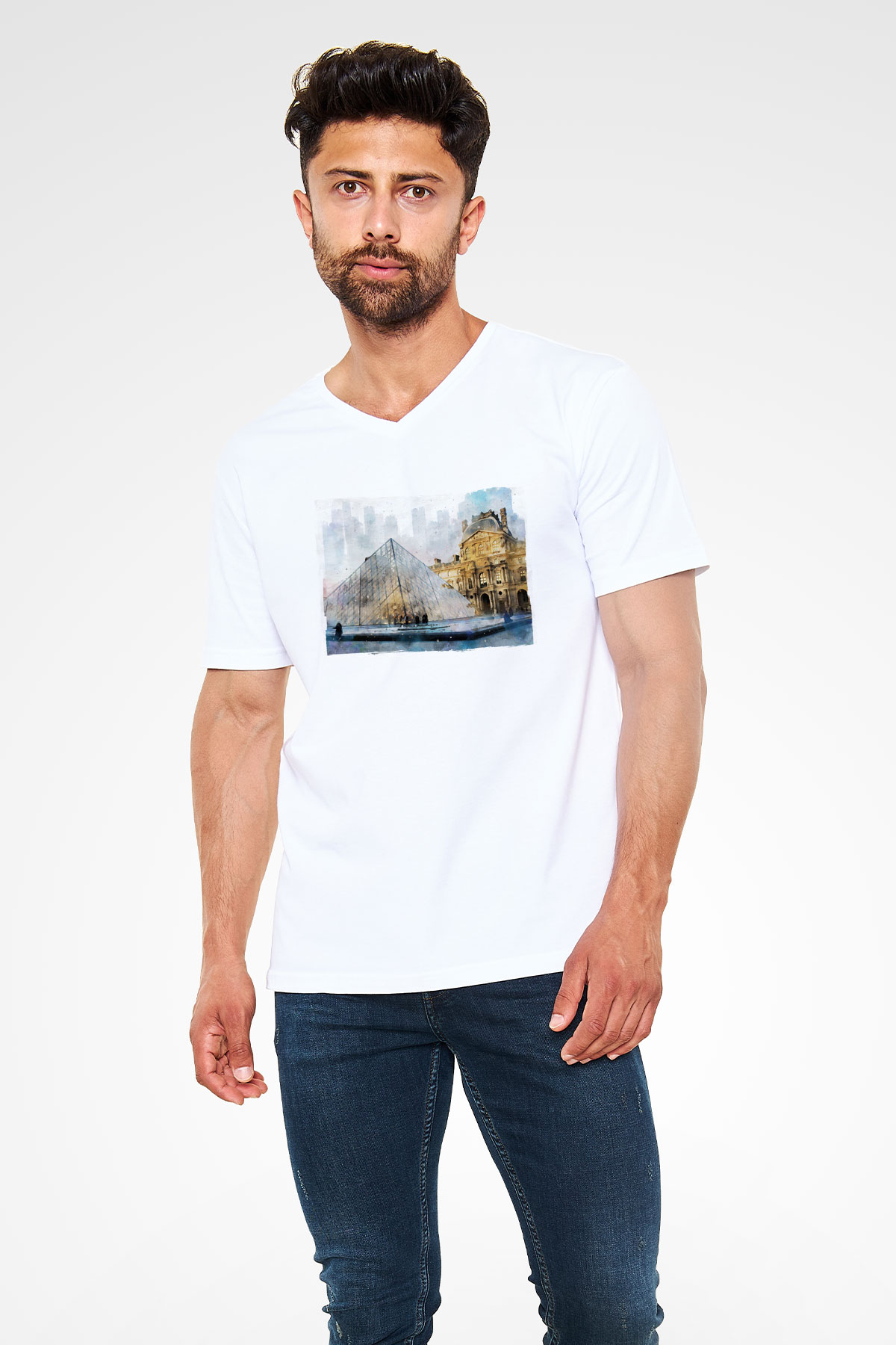 Louvre Müzesi Beyaz Unisex V Yaka Tişört