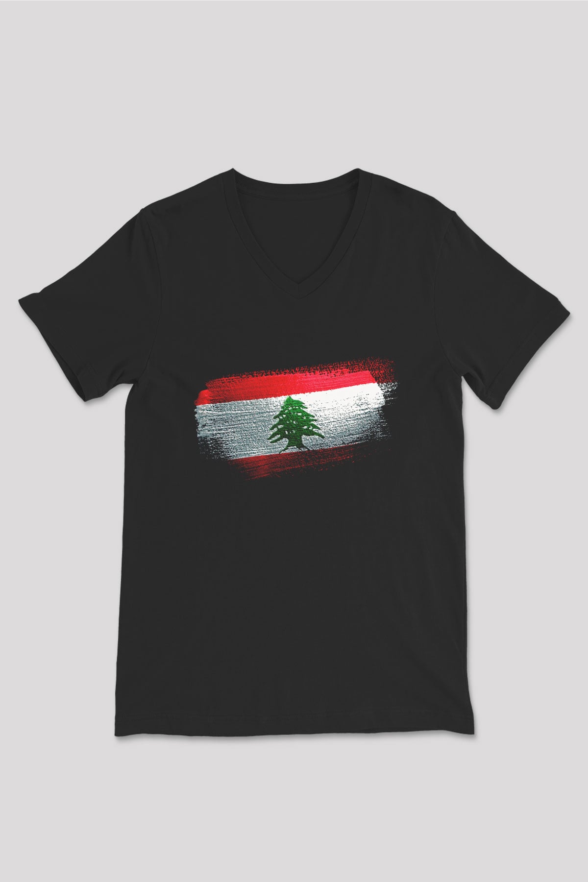 Lübnan - Lebanon Bayrağı Baskılı Unisex Siyah V Yaka Tişört
