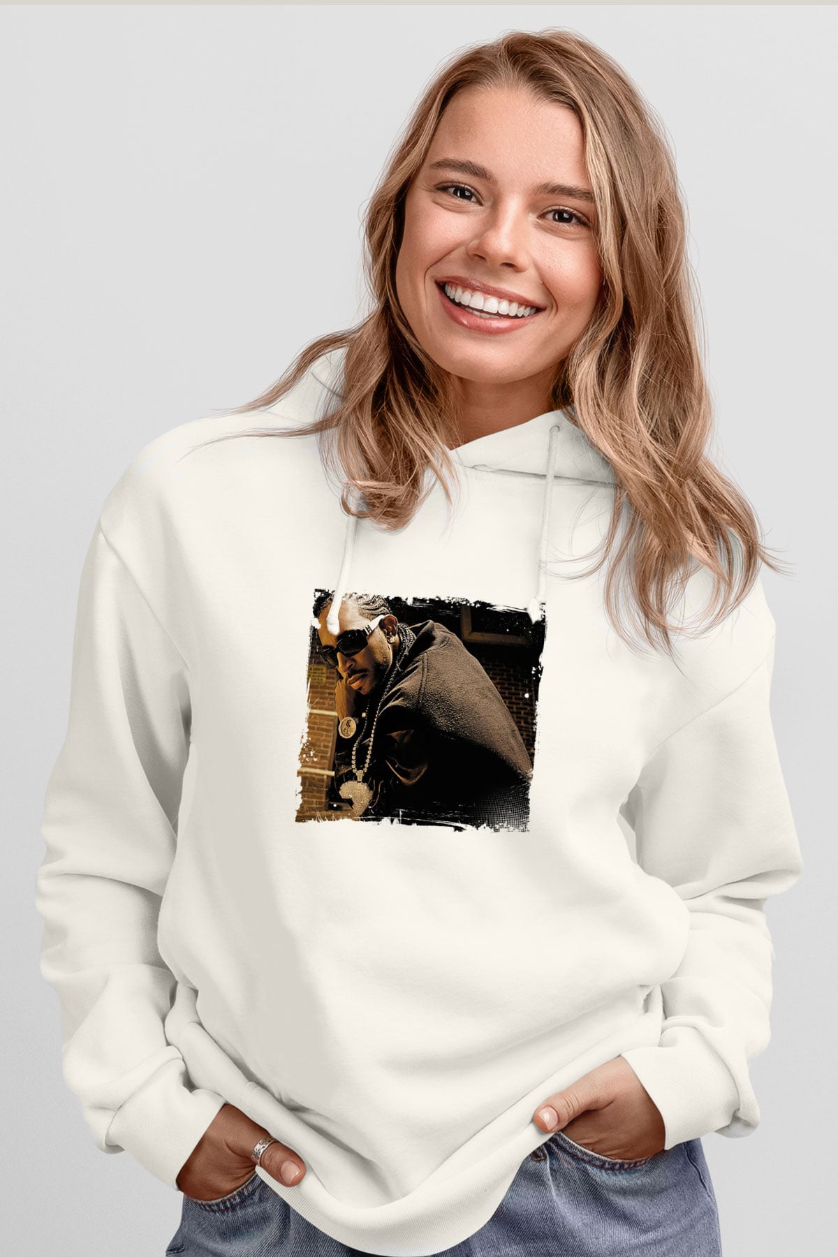Ludacris Baskılı Unisex Beyaz Kapüşonlu Sweatshirt