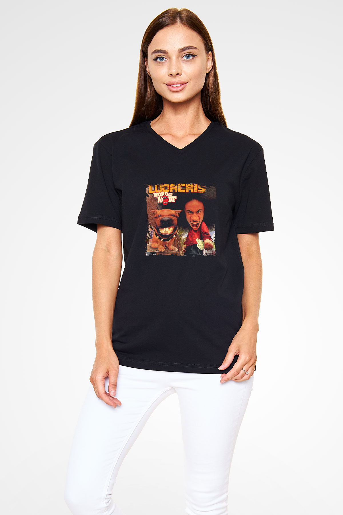 Ludacris Baskılı Unisex Siyah V Yaka Tişört