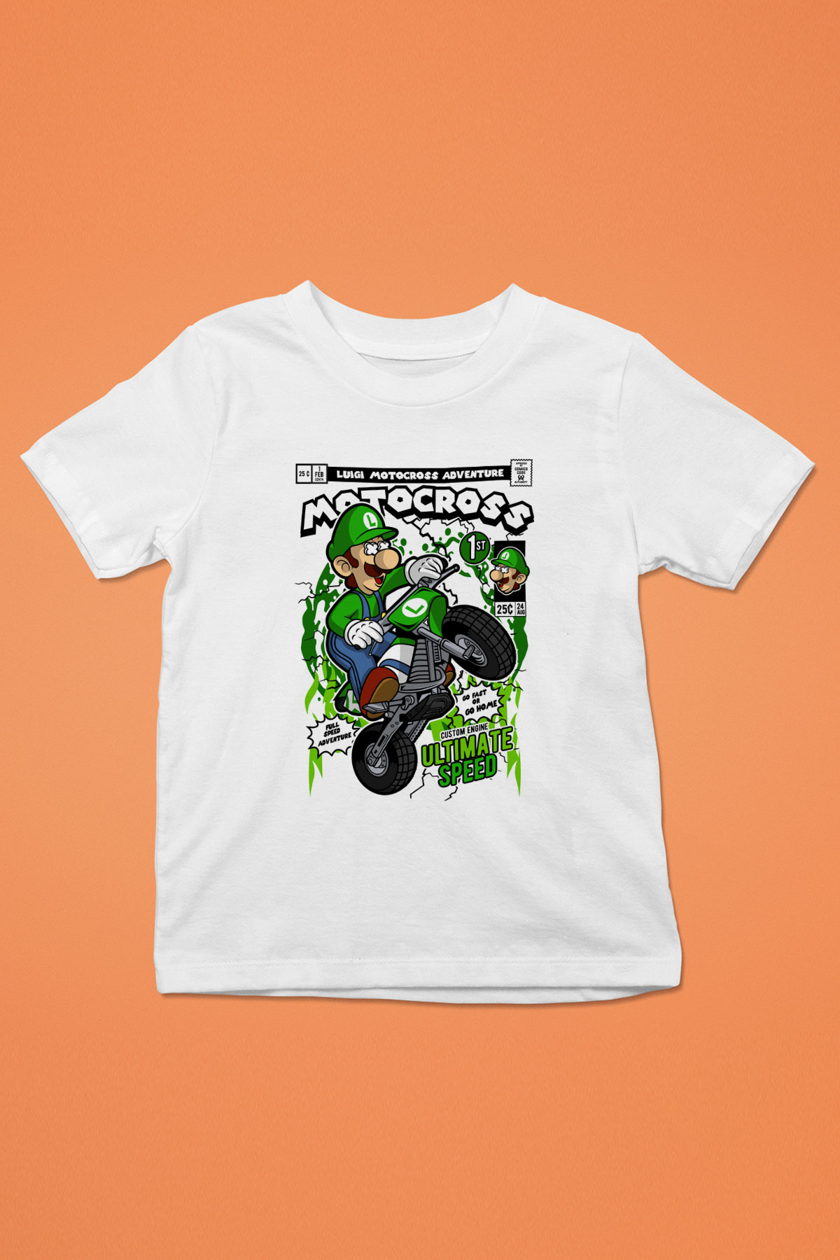 Luigi Motocross Baskılı Unisex Beyaz Çocuk Tişört