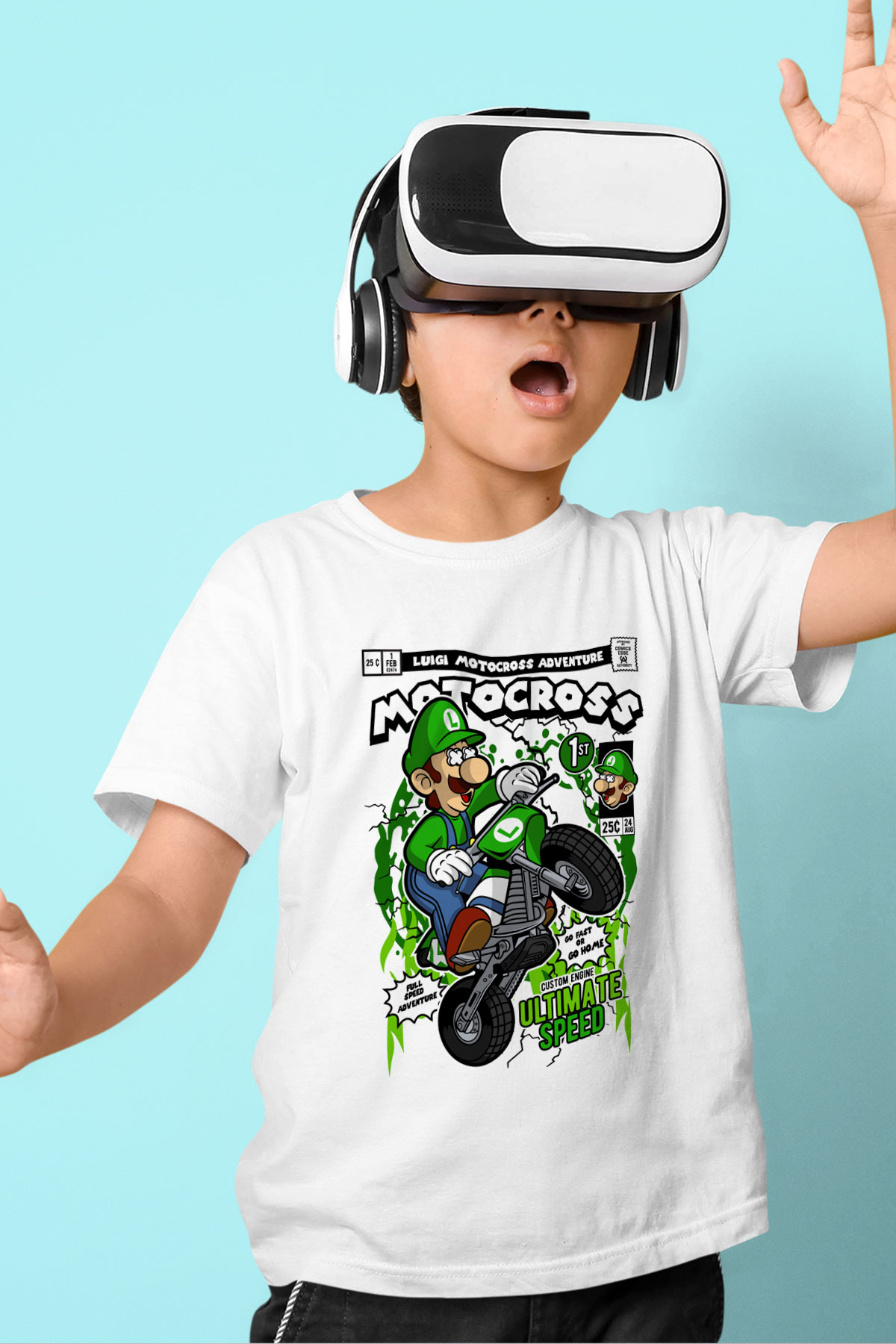 Luigi Motocross Baskılı Unisex Beyaz Çocuk Tişört