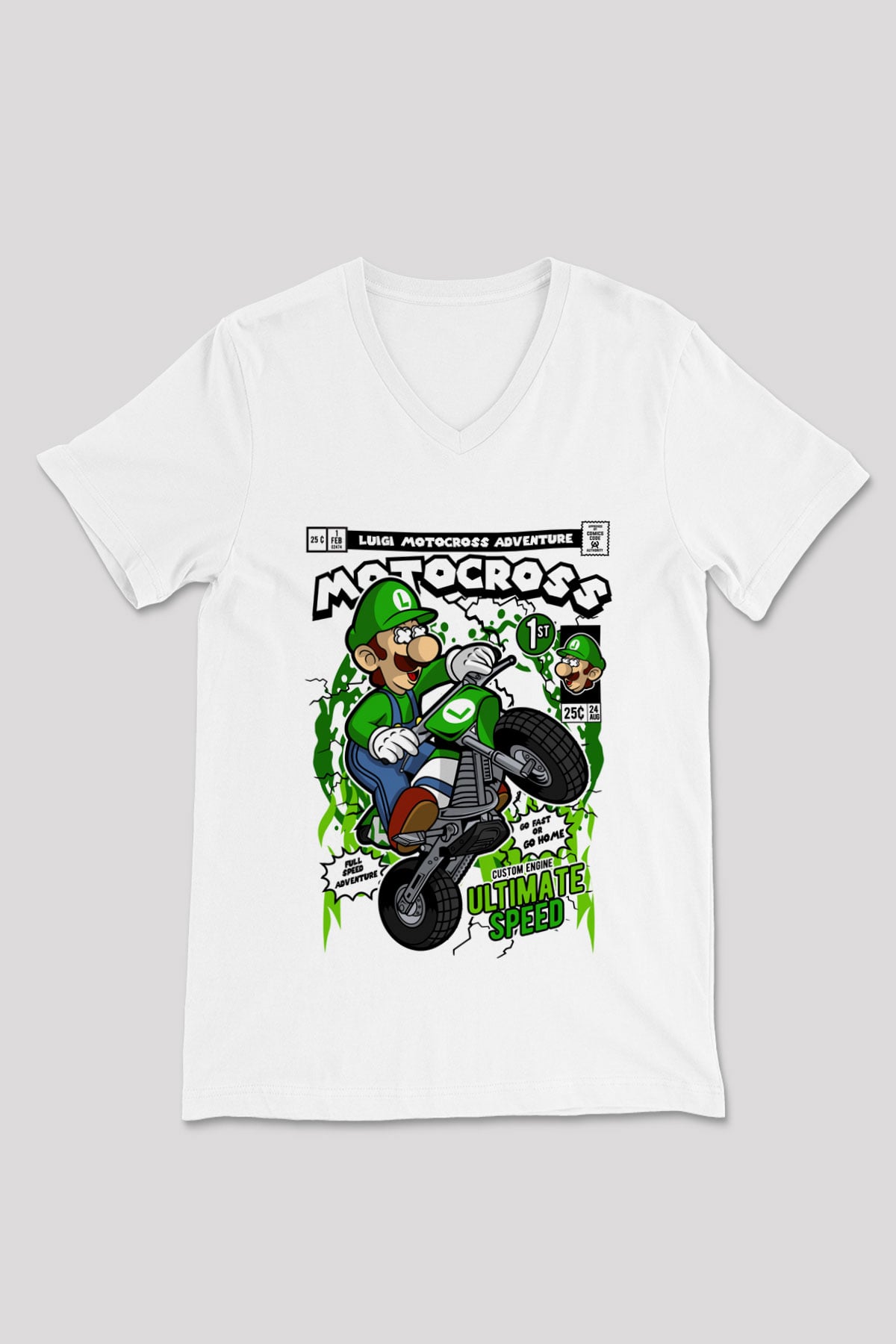 Luigi Motocross Baskılı Unisex Beyaz V Yaka Tişört