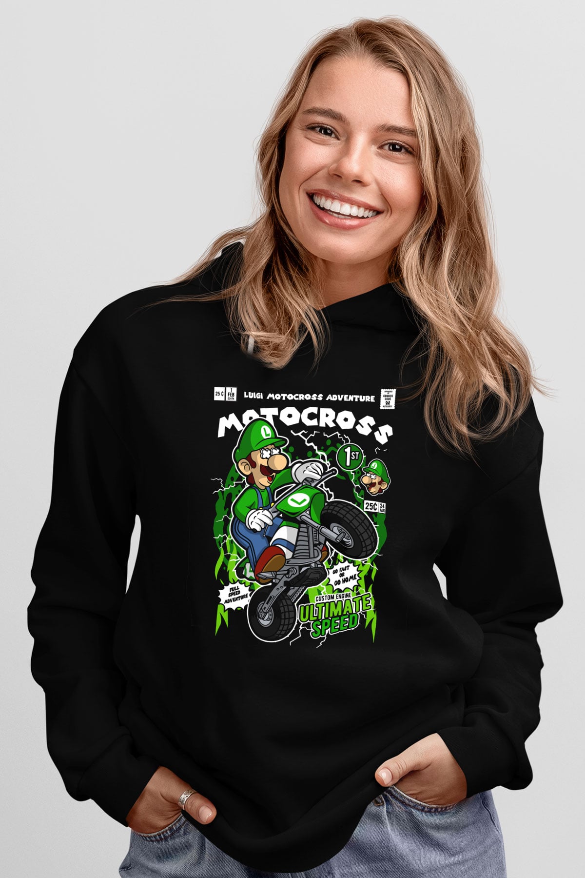 Luigi Motocross Baskılı Unisex Siyah Hoodie