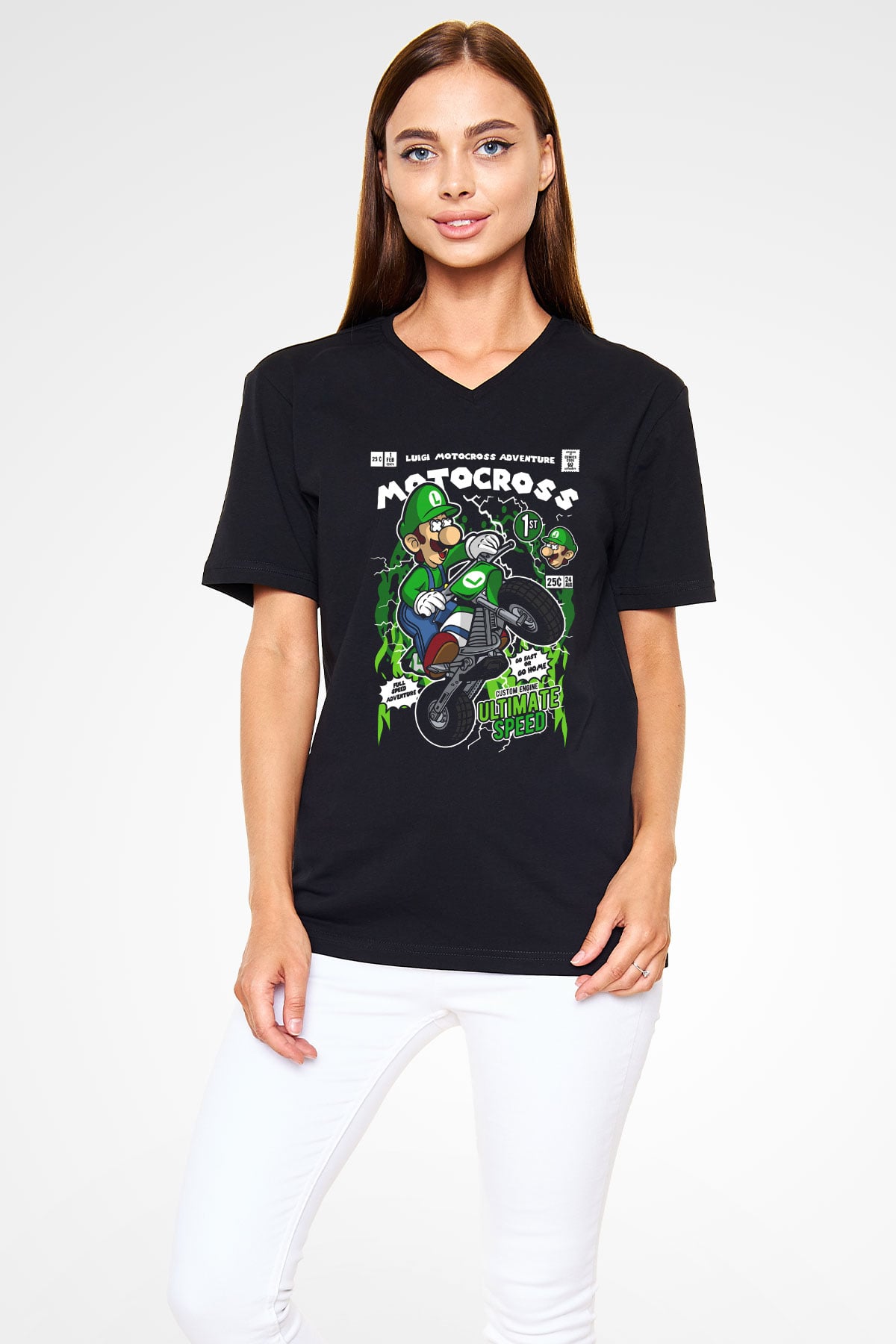 Luigi Motocross Baskılı Unisex Siyah V Yaka Tişört