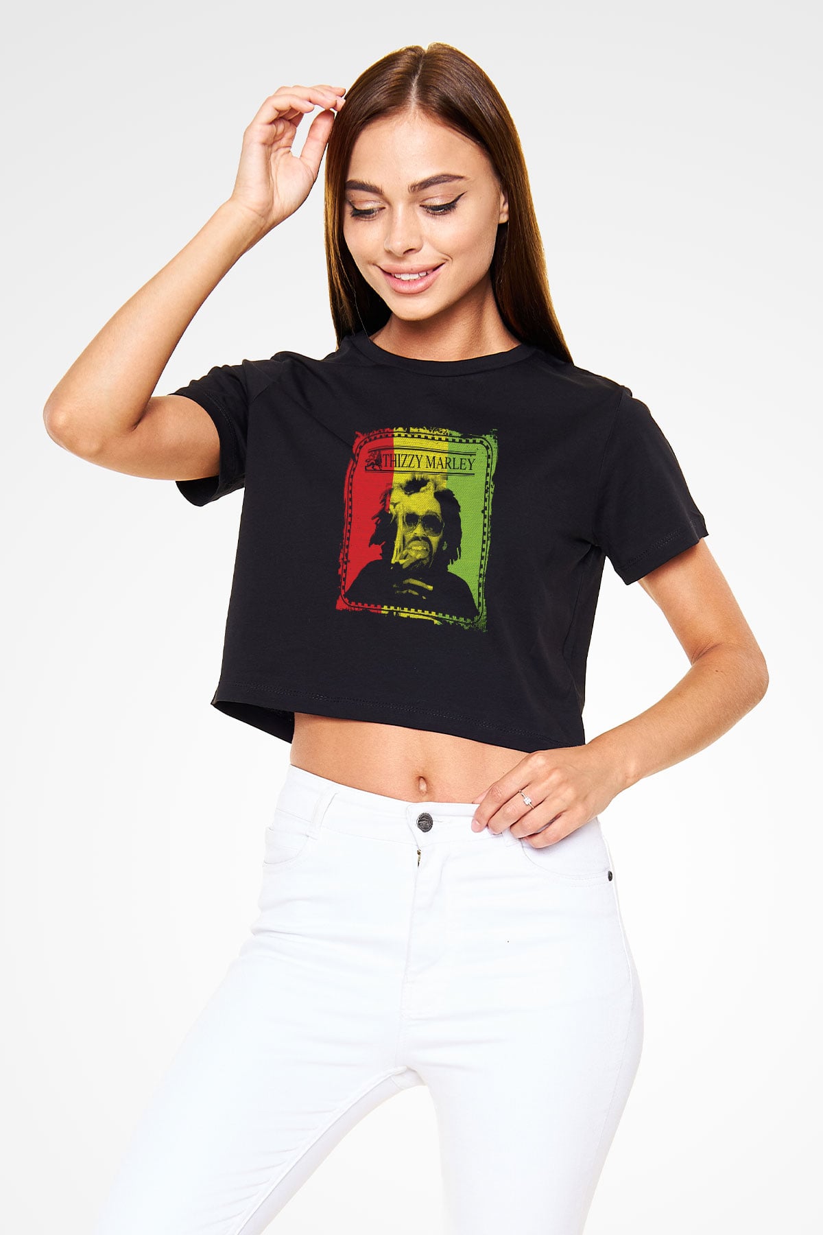 Mac Dre Baskılı Crop Top Siyah Kadın Tişört