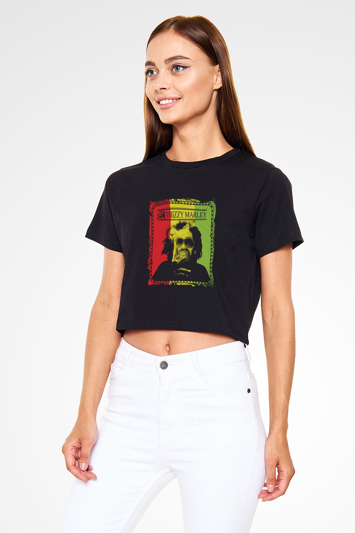 Mac Dre Baskılı Crop Top Siyah Kadın Tişört
