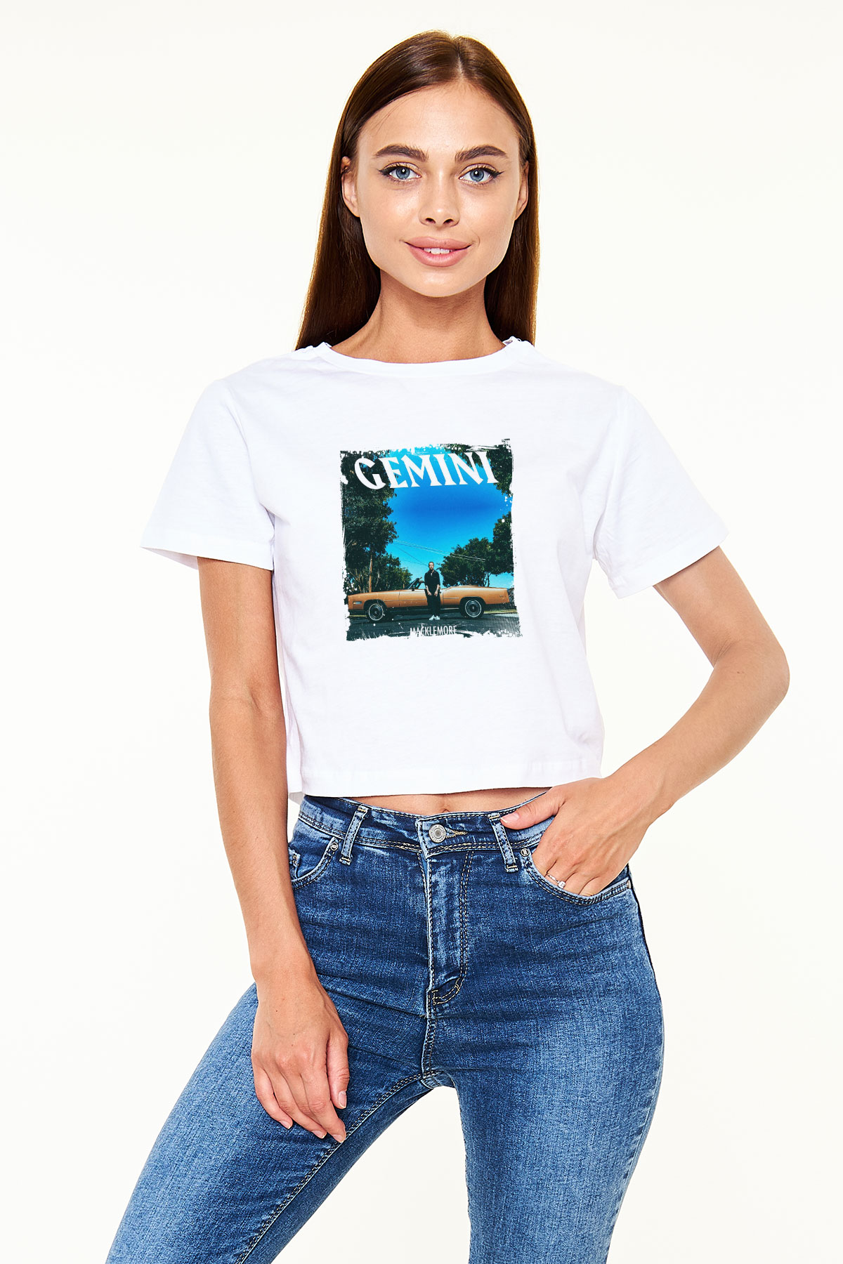 Macklemore Baskılı Beyaz Kadın Crop Top Tişört