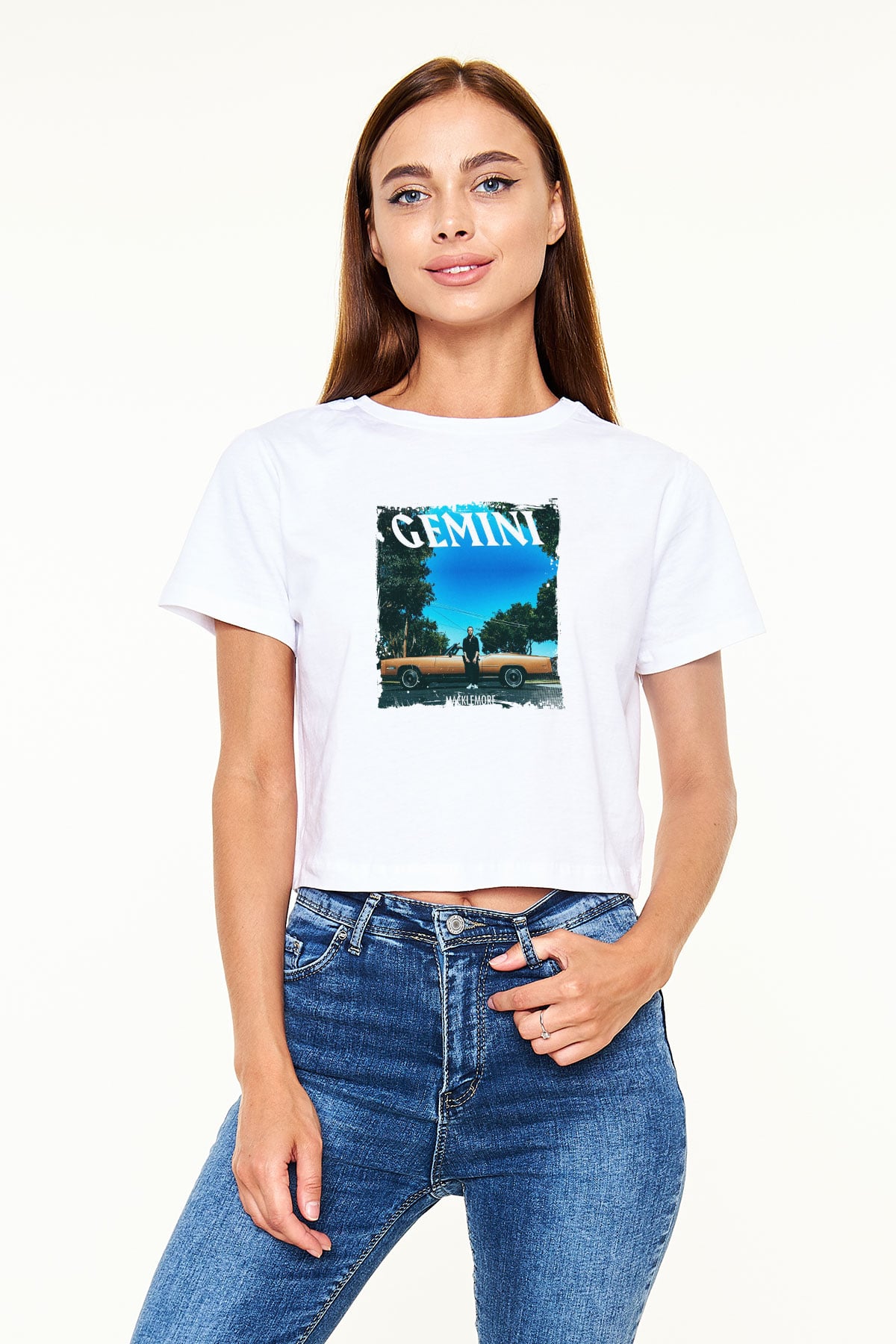 Macklemore Baskılı Beyaz Kadın Crop Top Tişört