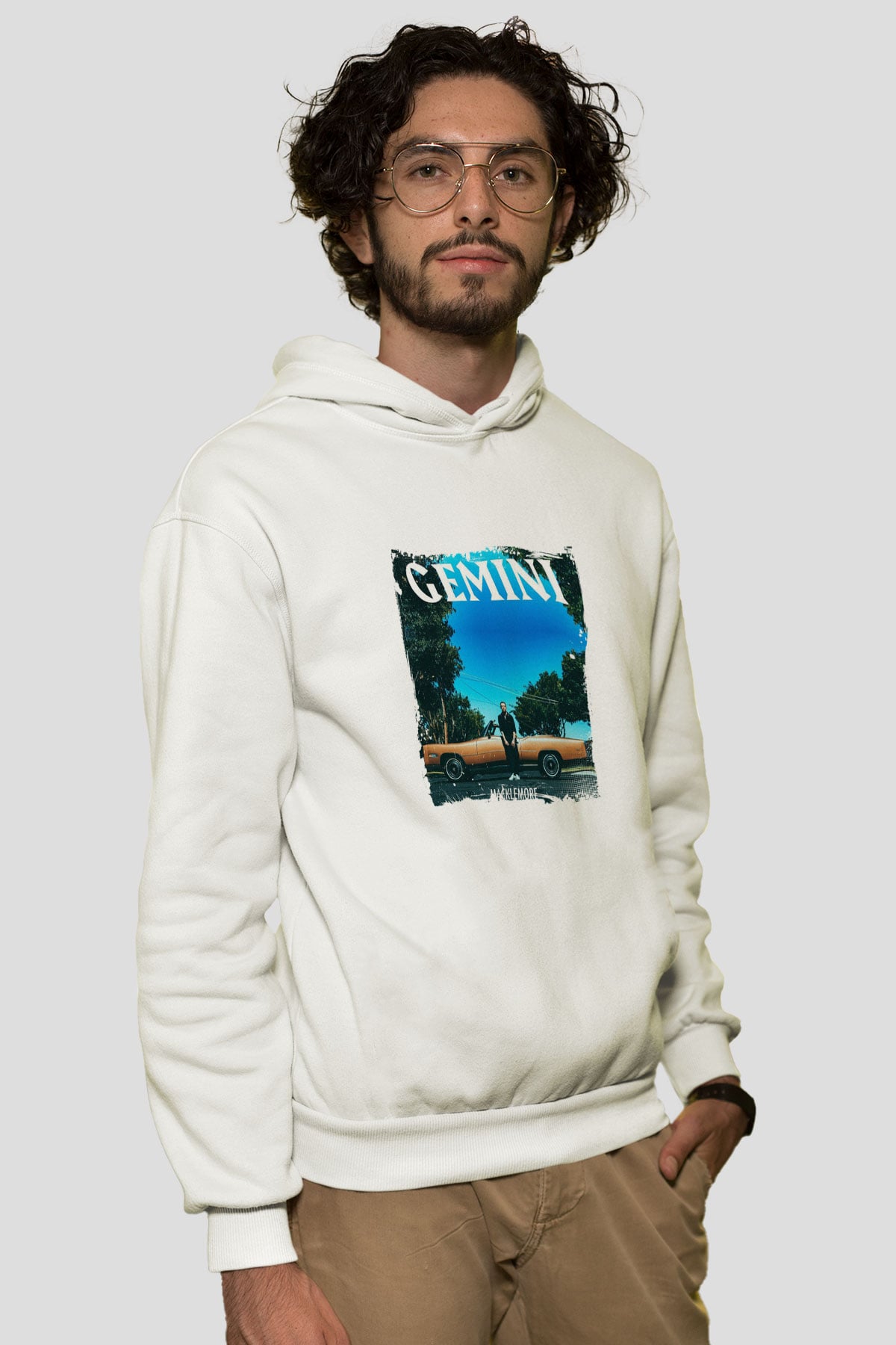 Macklemore Baskılı Unisex Beyaz Kapüşonlu Sweatshirt